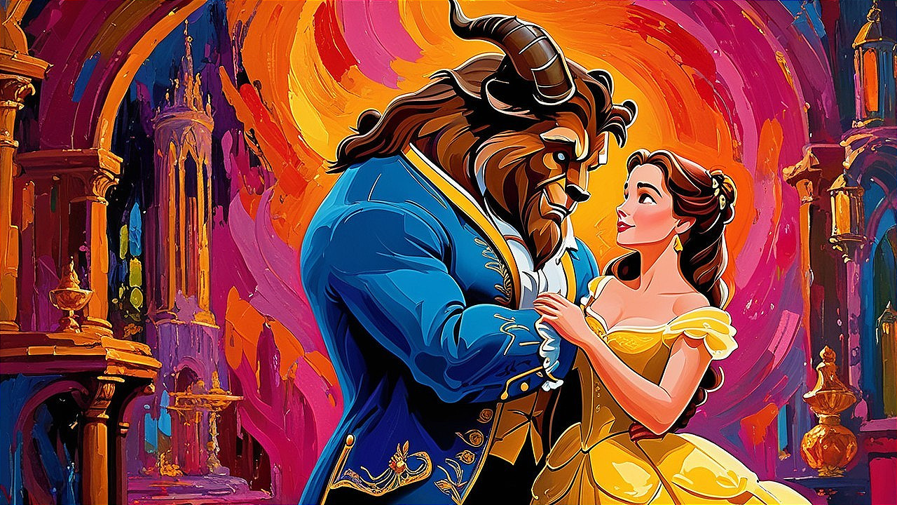 Colorful Illustration of Belle and the Beast's Romance