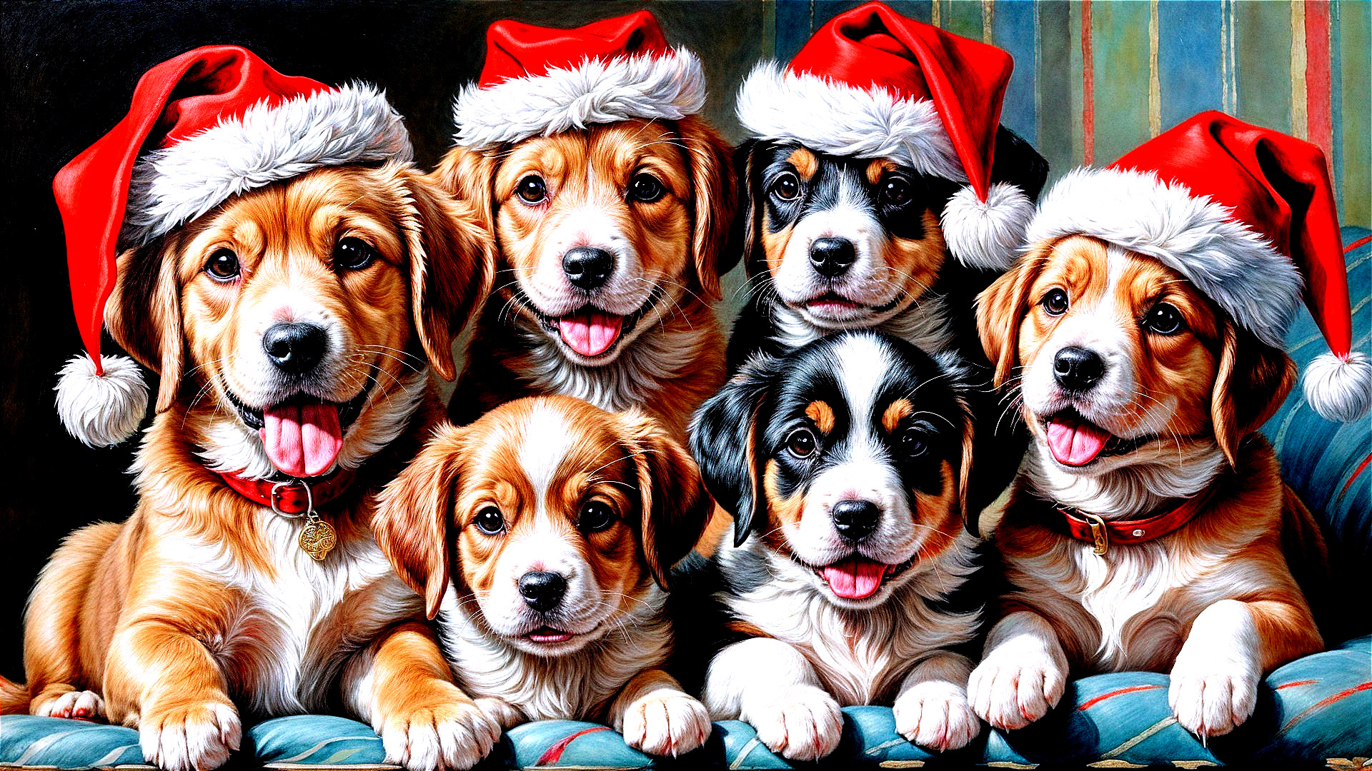 Playful Puppies in Santa Hats on a Cozy Couch