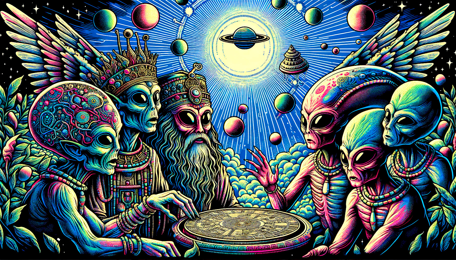 Psychedelic Cosmic Scene with Extraterrestrial Beings