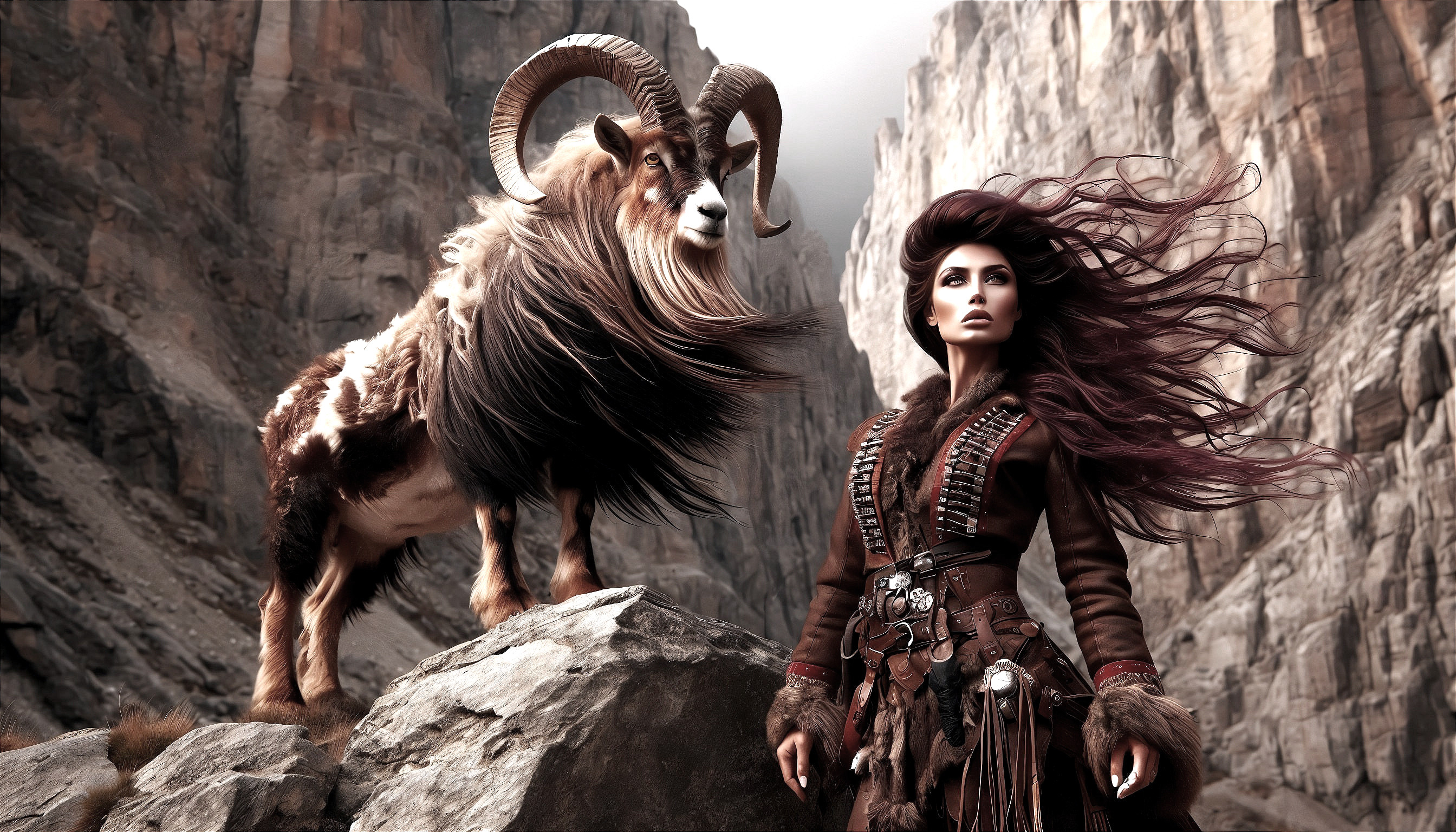 Fierce Woman and Majestic Ram in Mountainous Landscape