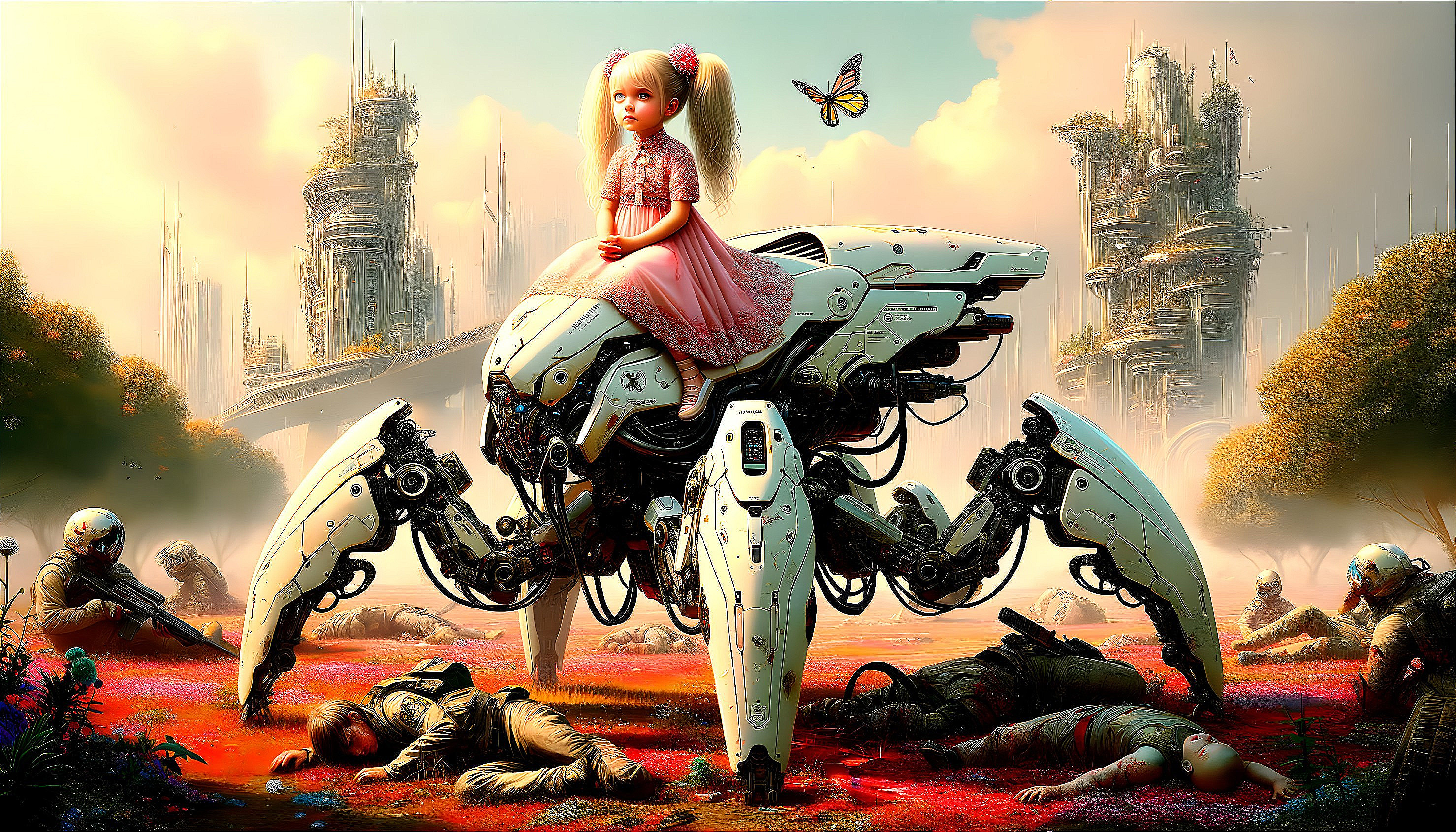 Girl on Robotic Creature in Surreal Futuristic Landscape