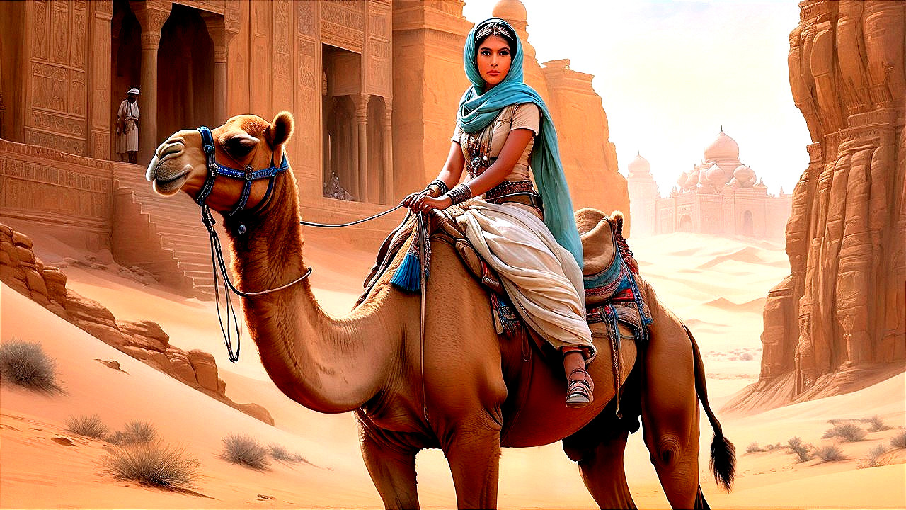 Woman in traditional attire riding a camel in desert