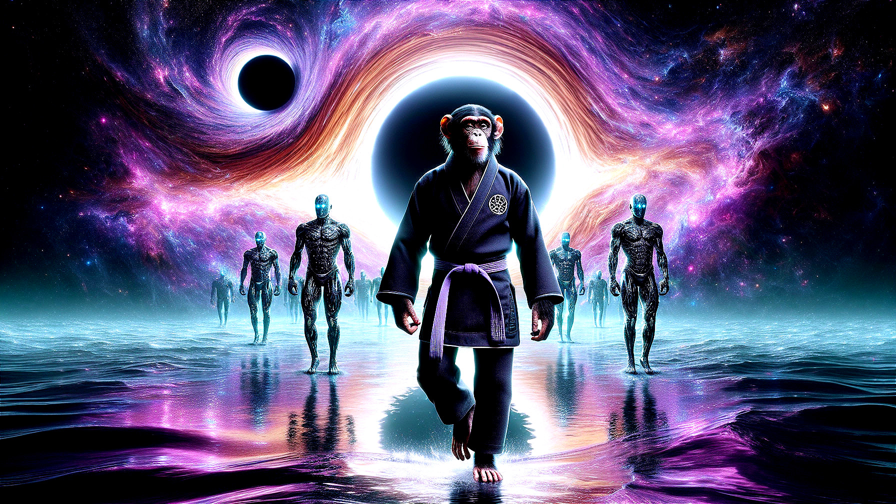 Humanoid Chimpanzee in Cosmic Landscape with Robots