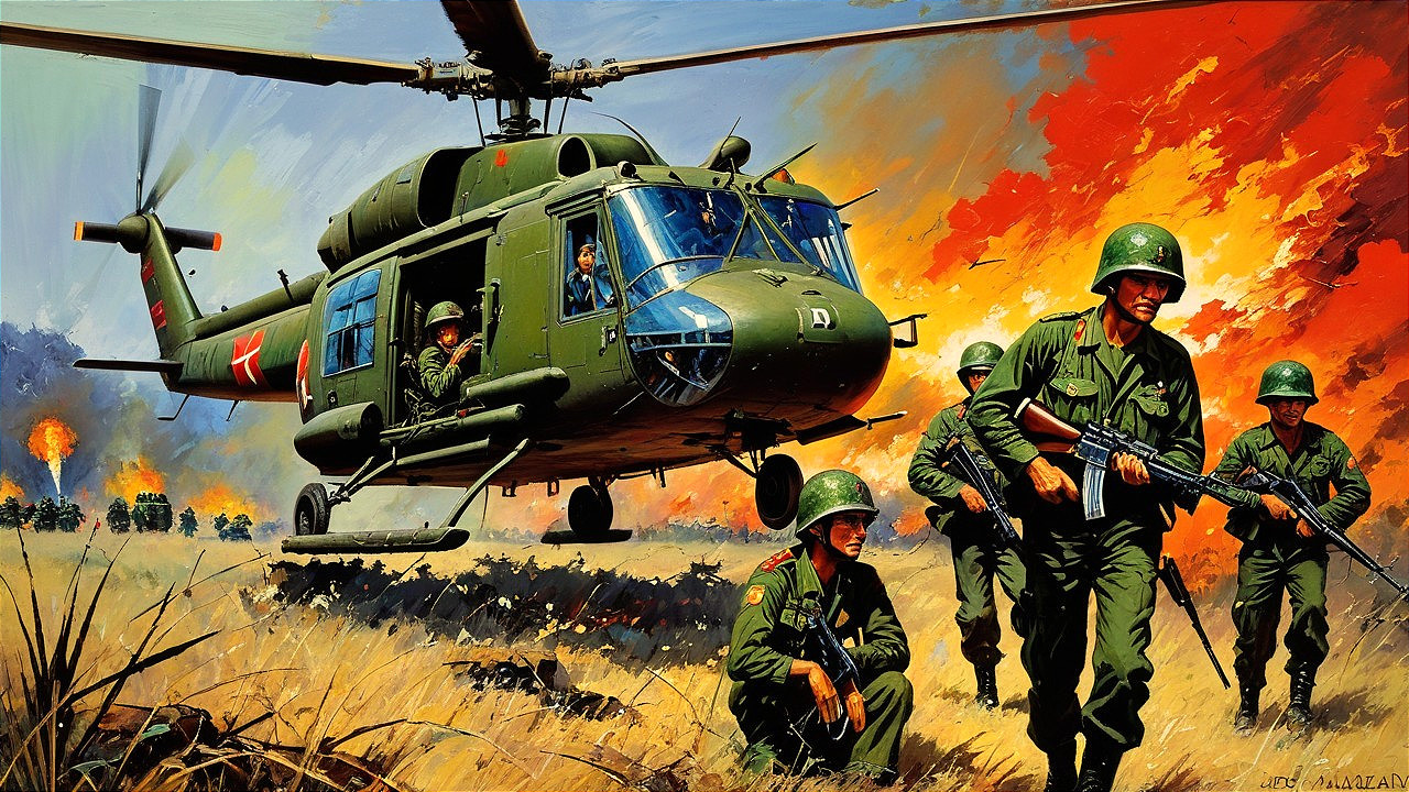 Military Helicopter Over Soldiers in Combat Scene