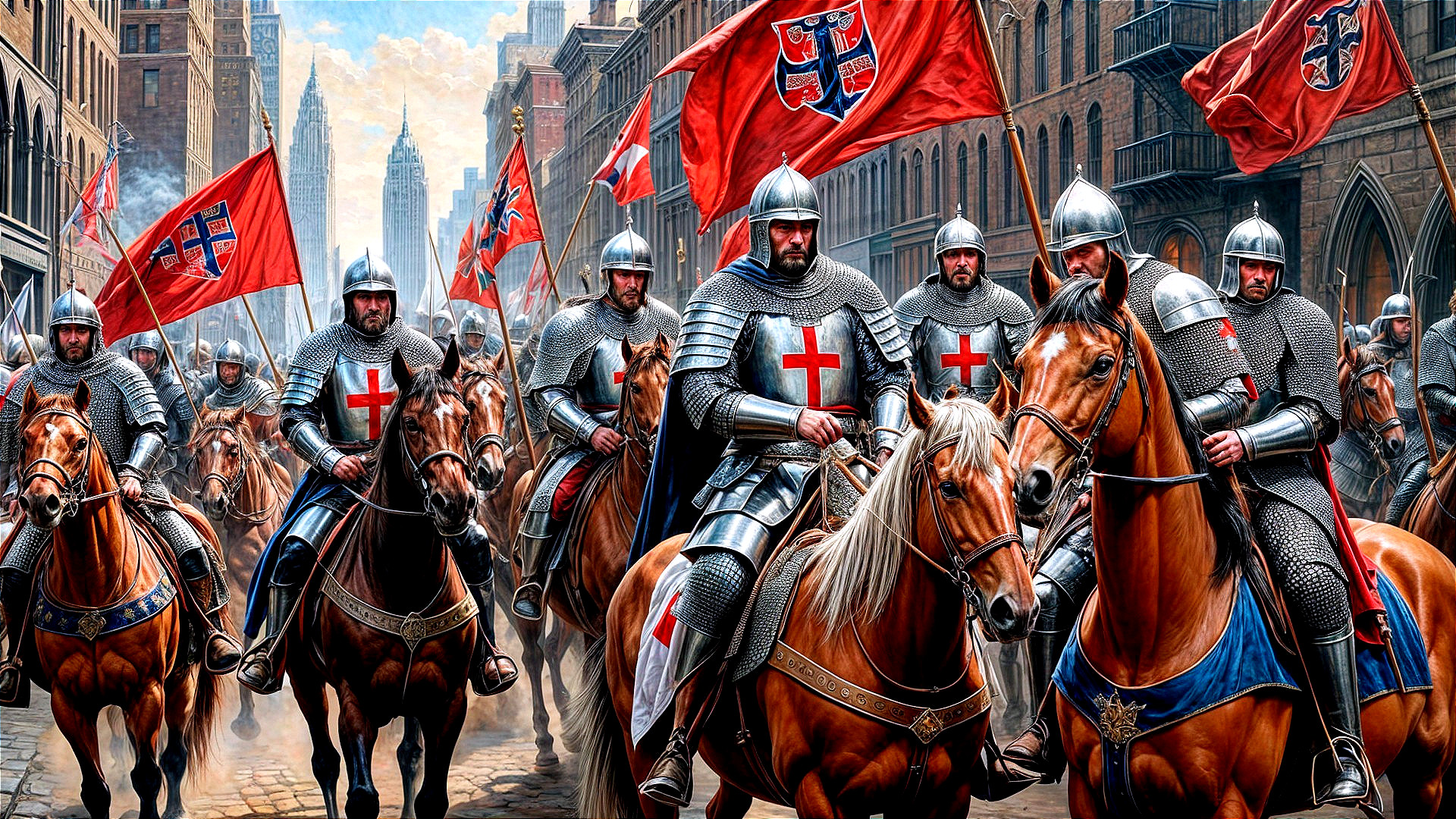 Armored Knights Riding Through Historic Urban Setting