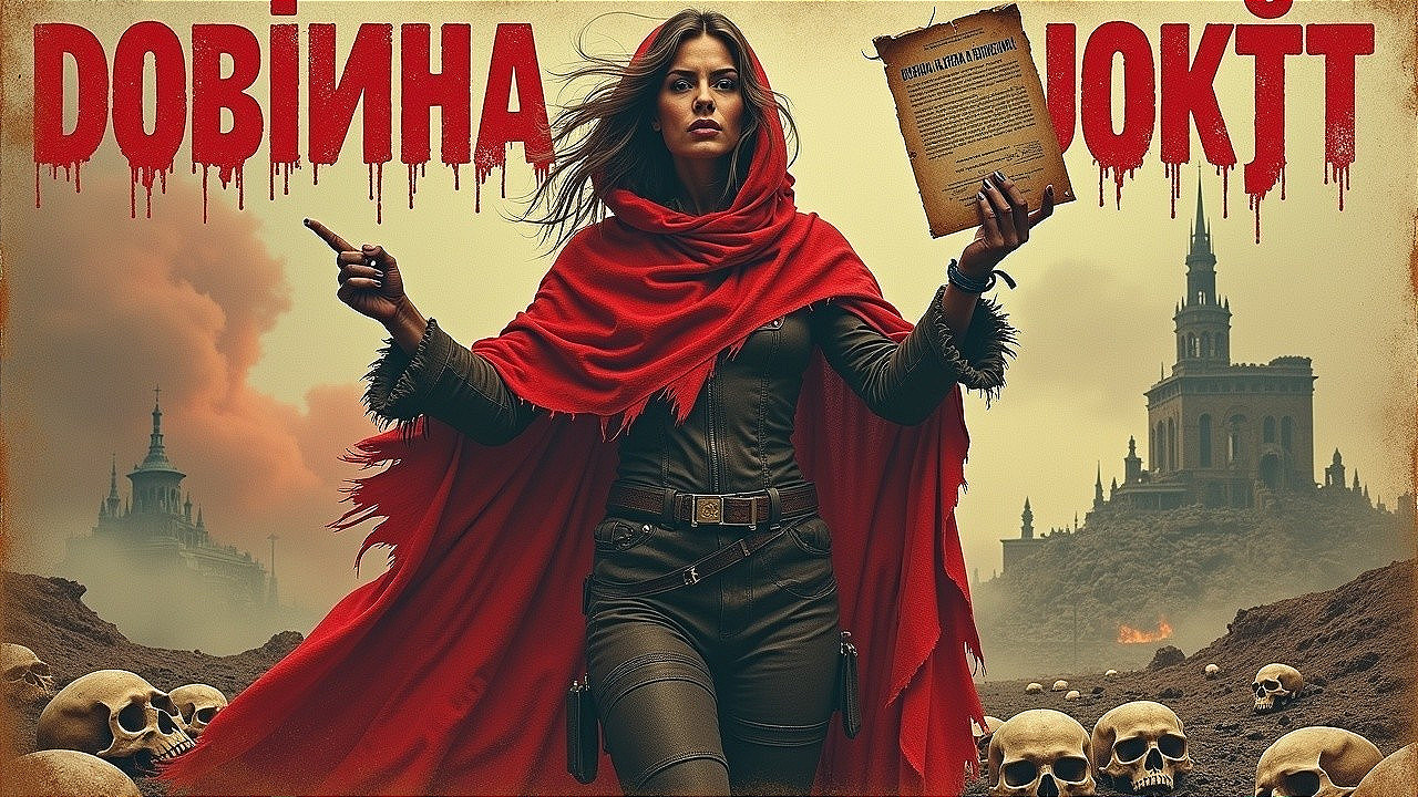 Fierce Woman in Red Cloak in Eerie Landscape