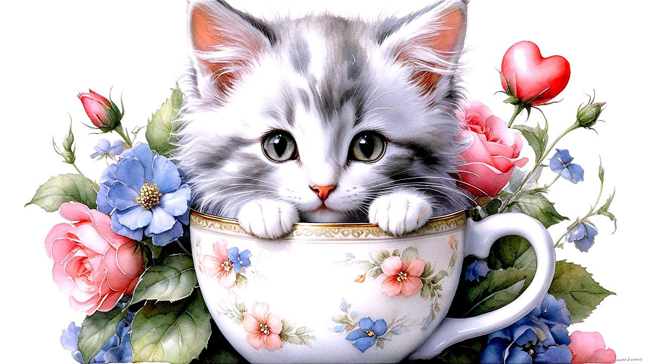 Gray and white kitten in floral teacup setting