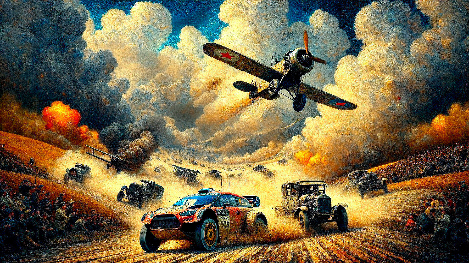 Vintage Car Race on Dirt Track with Warplane Above