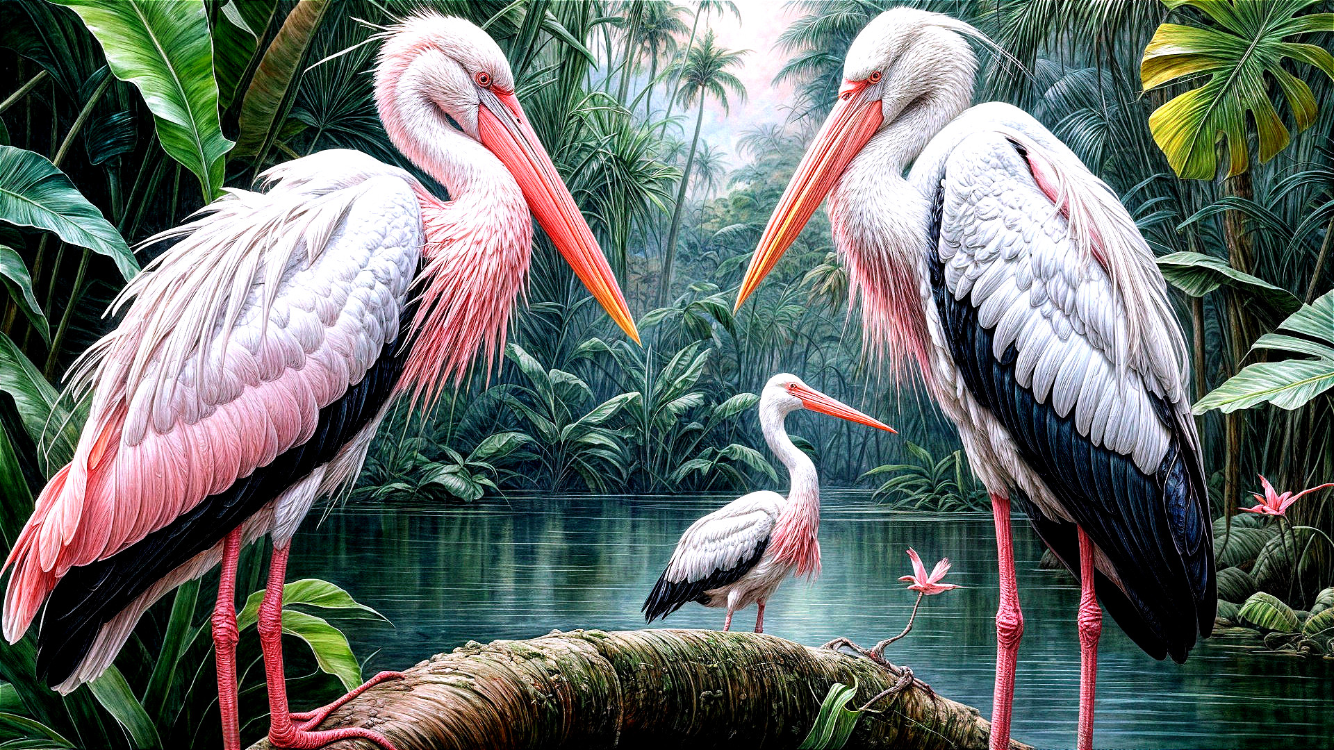Elegant Storks in a Tropical Waterway Setting