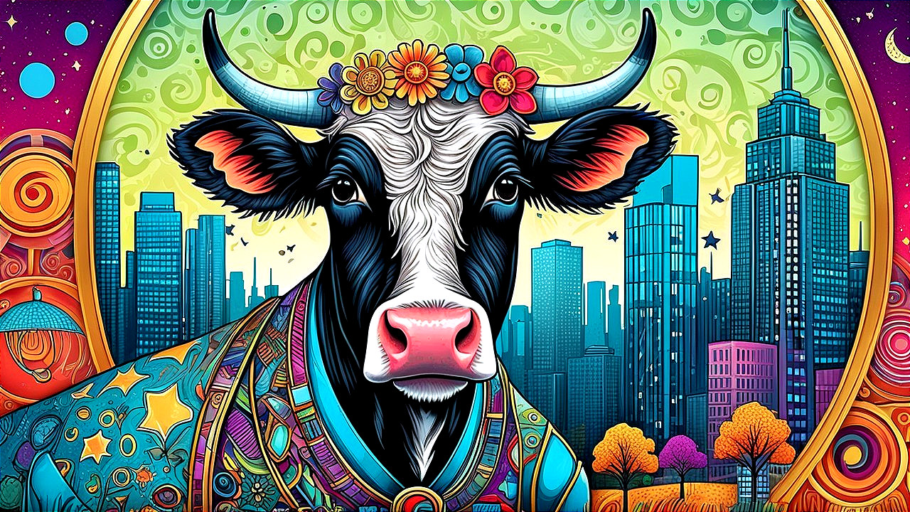 Whimsical Cow Illustration with Urban Skyline Background