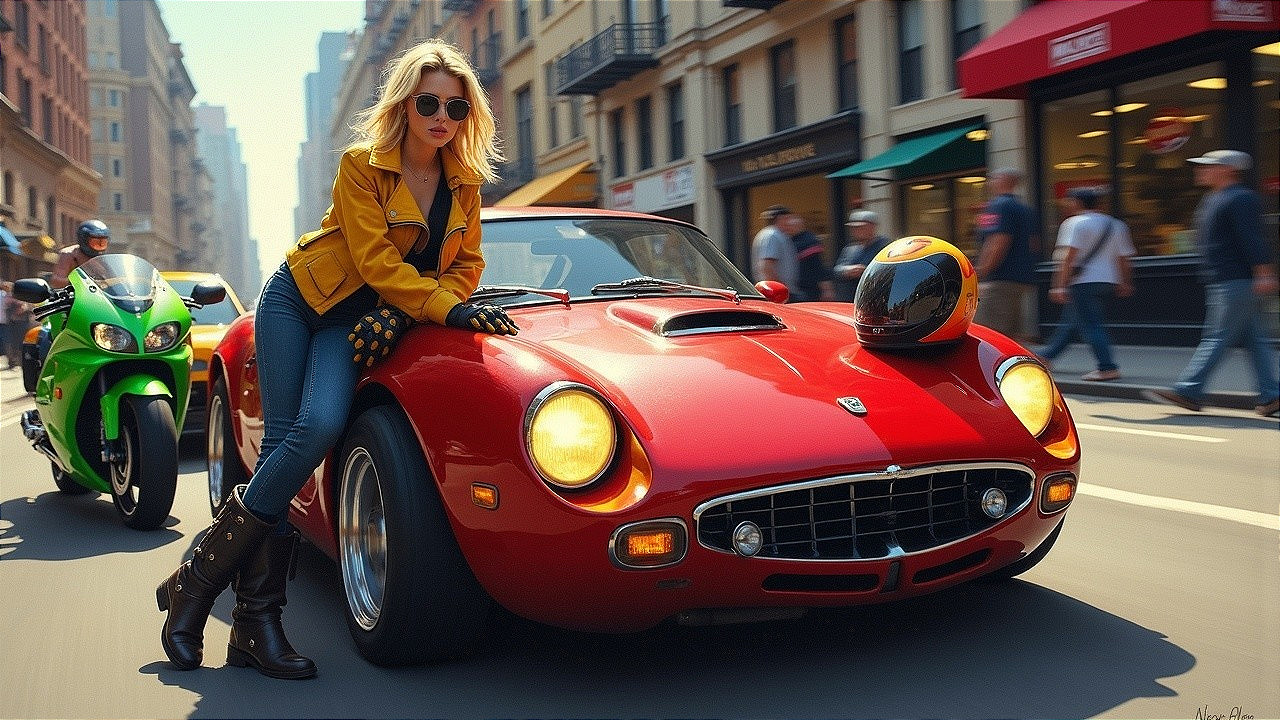 Stylish Woman with Vintage Car in Urban Setting