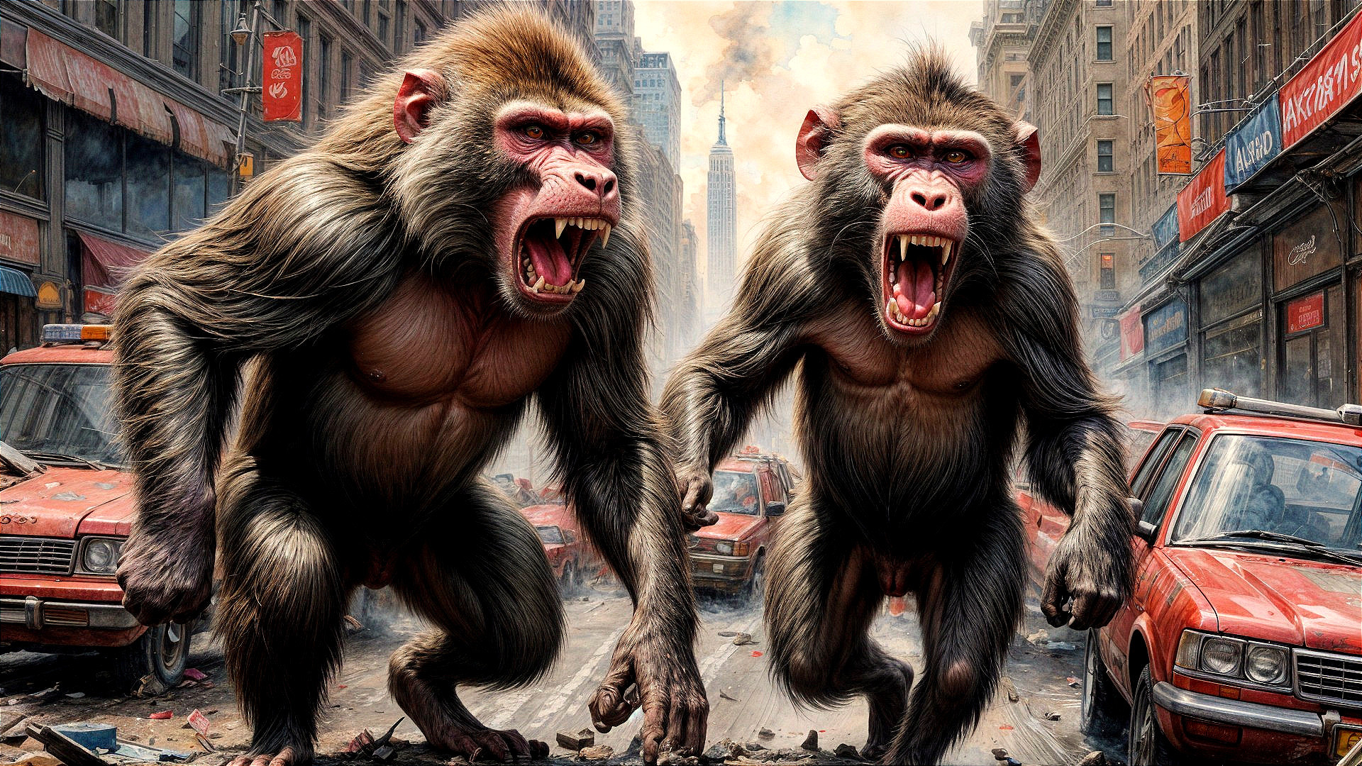 Baboons Dominating a Chaotic Urban Street Scene