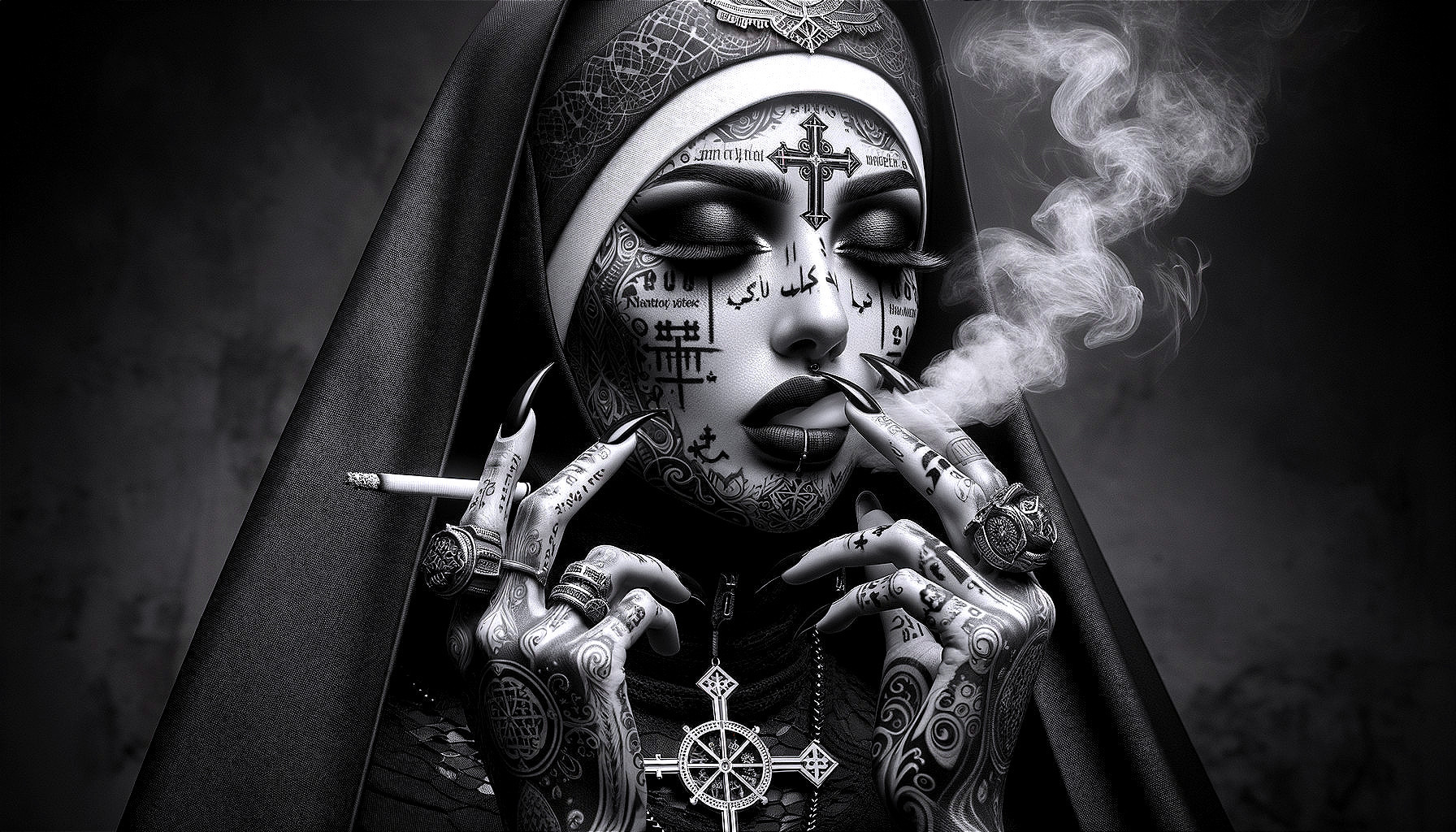 Striking figure in black with intricate tattoos and veil