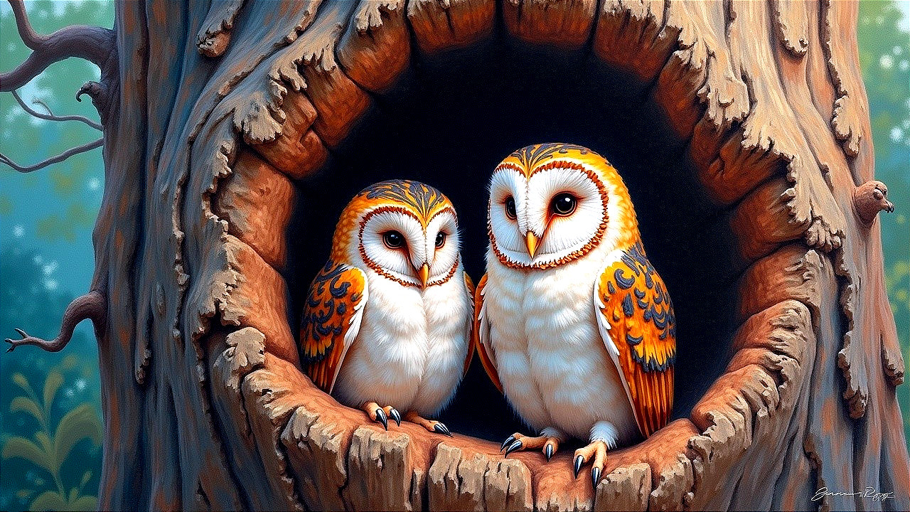Illustrated Owls in Ancient Tree Hollow Scene