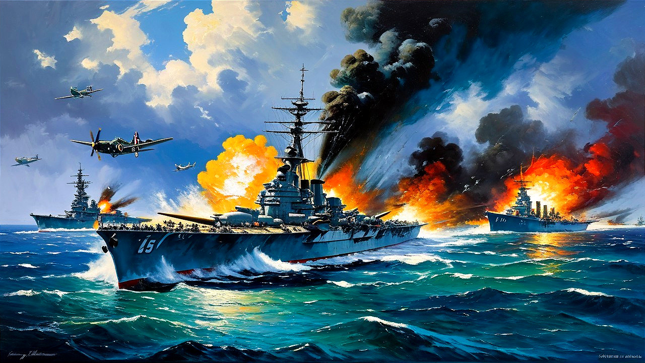 Dramatic Naval Battle with Battleship and Explosions