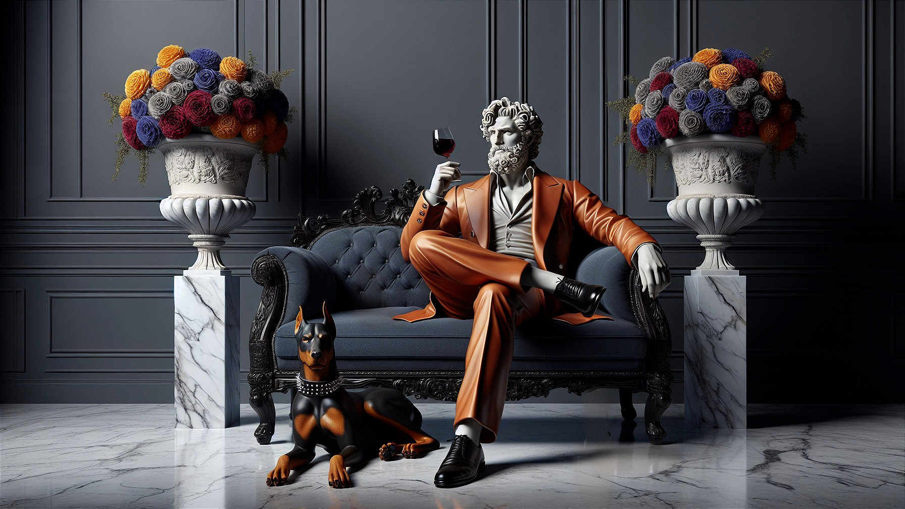 Stylish Figure in Orange Suit with Doberman and Flowers