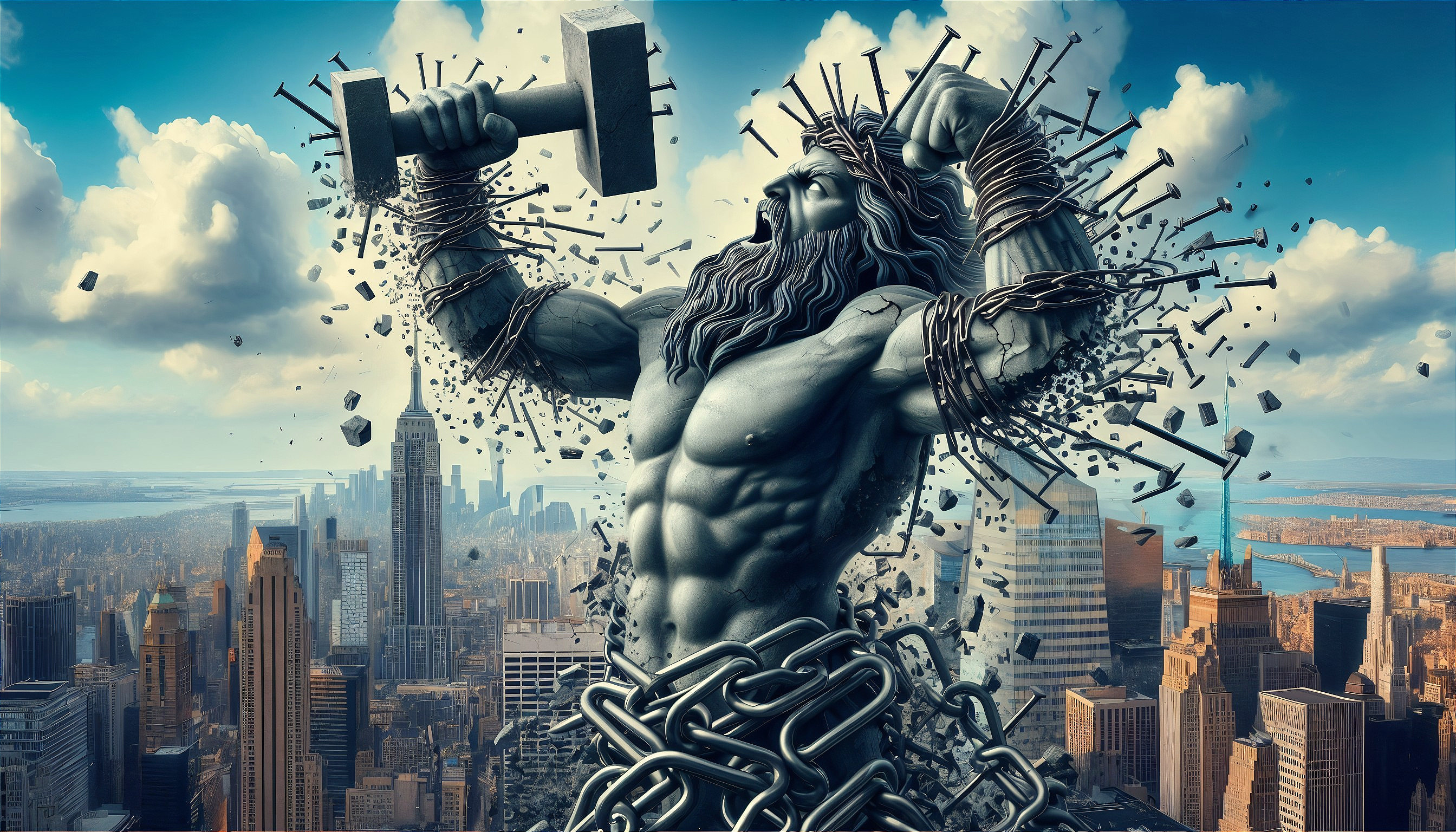 Muscular Figure Lifting Dumbbell Against City Skyline