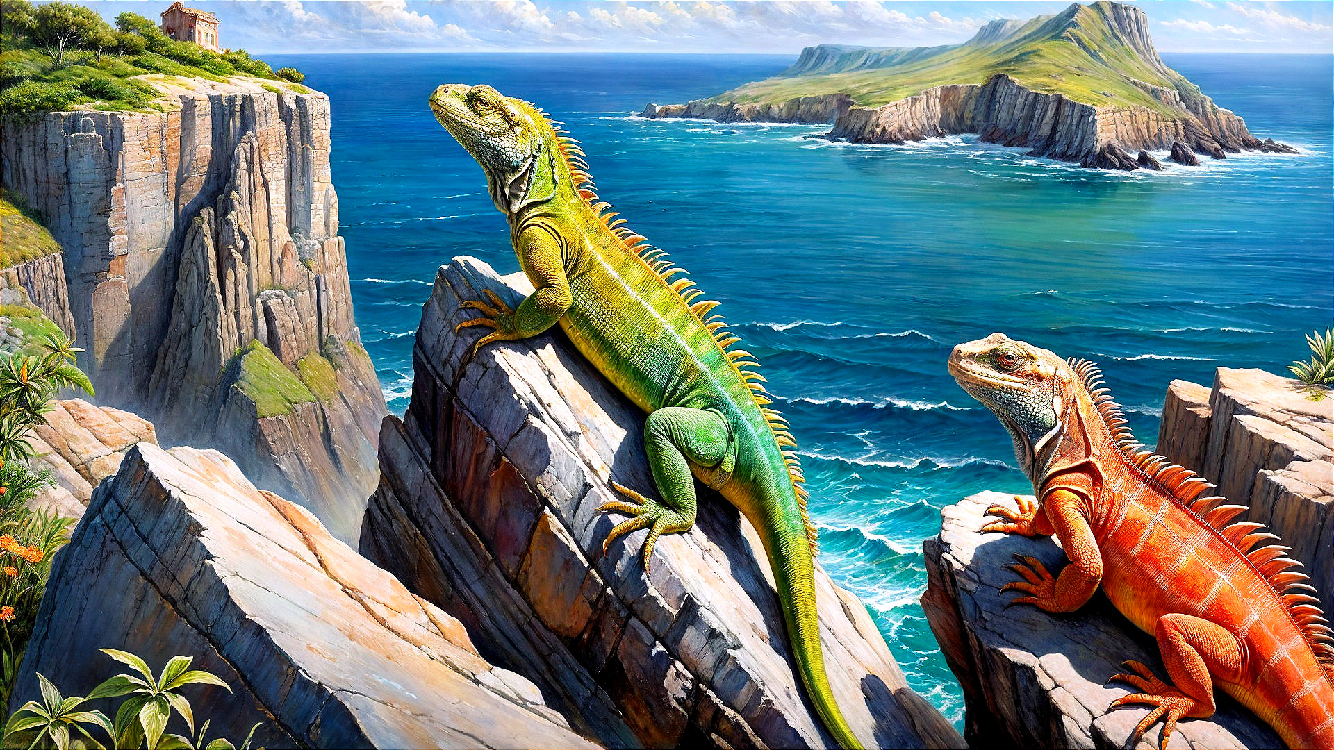 Vibrant Coastal Landscape with Colorful Lizards