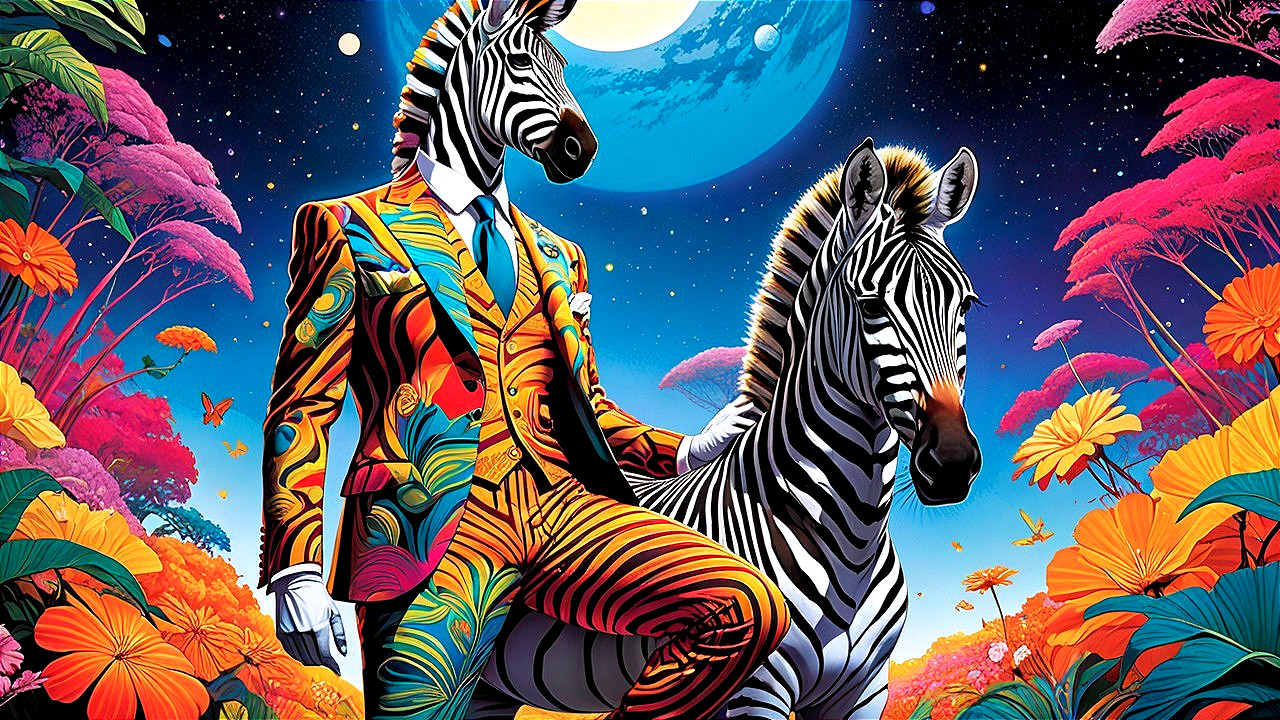 Surreal Scene of Humanoid in Zebra-Striped Suit