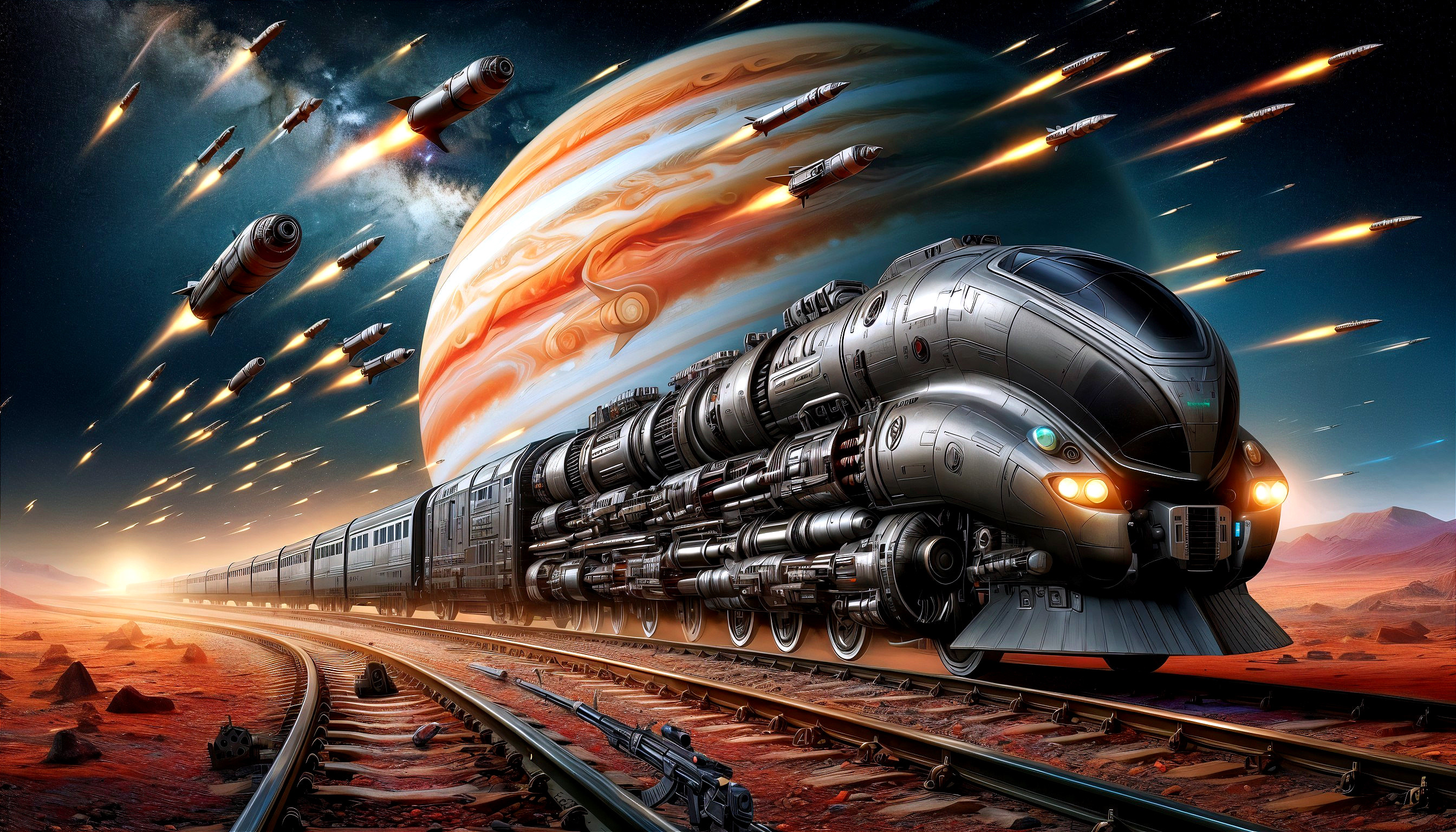 Futuristic train in red landscape under Jupiter's sky