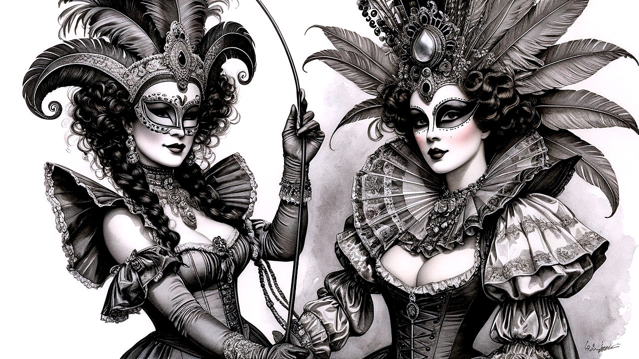 Elegant Women in Masquerade Costumes and Masks