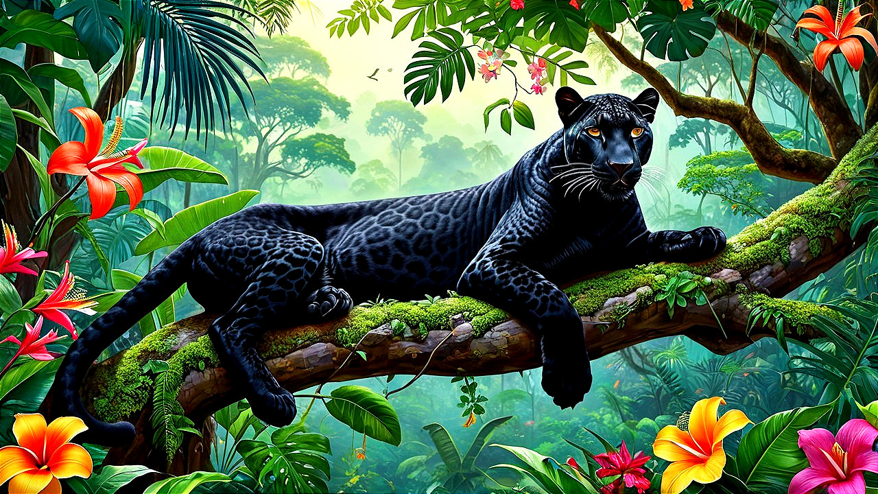 Black Panther on Moss-Covered Branch in Jungle