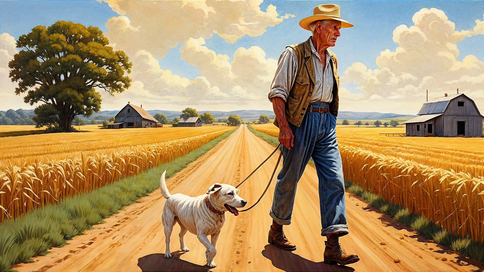 Weathered Man and Dog on a Golden Dirt Road