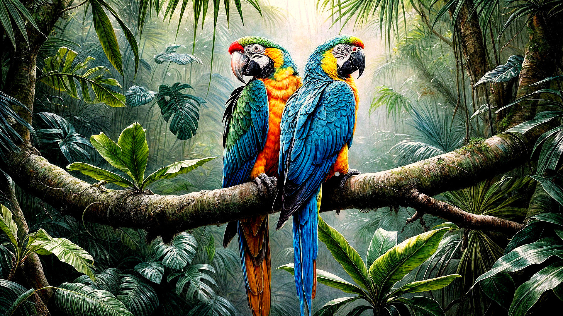Vibrant Macaws in a Lush Jungle Setting