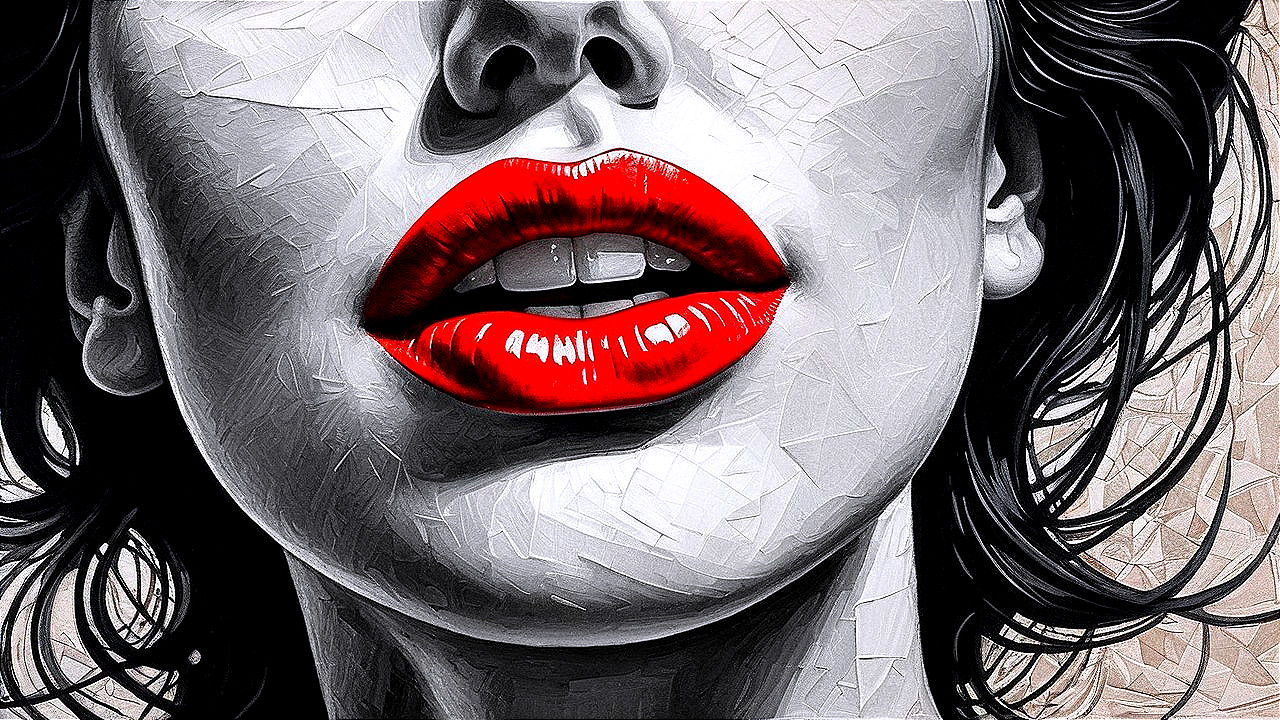 Close-up of Glossy Red Lips on Monochromatic Background