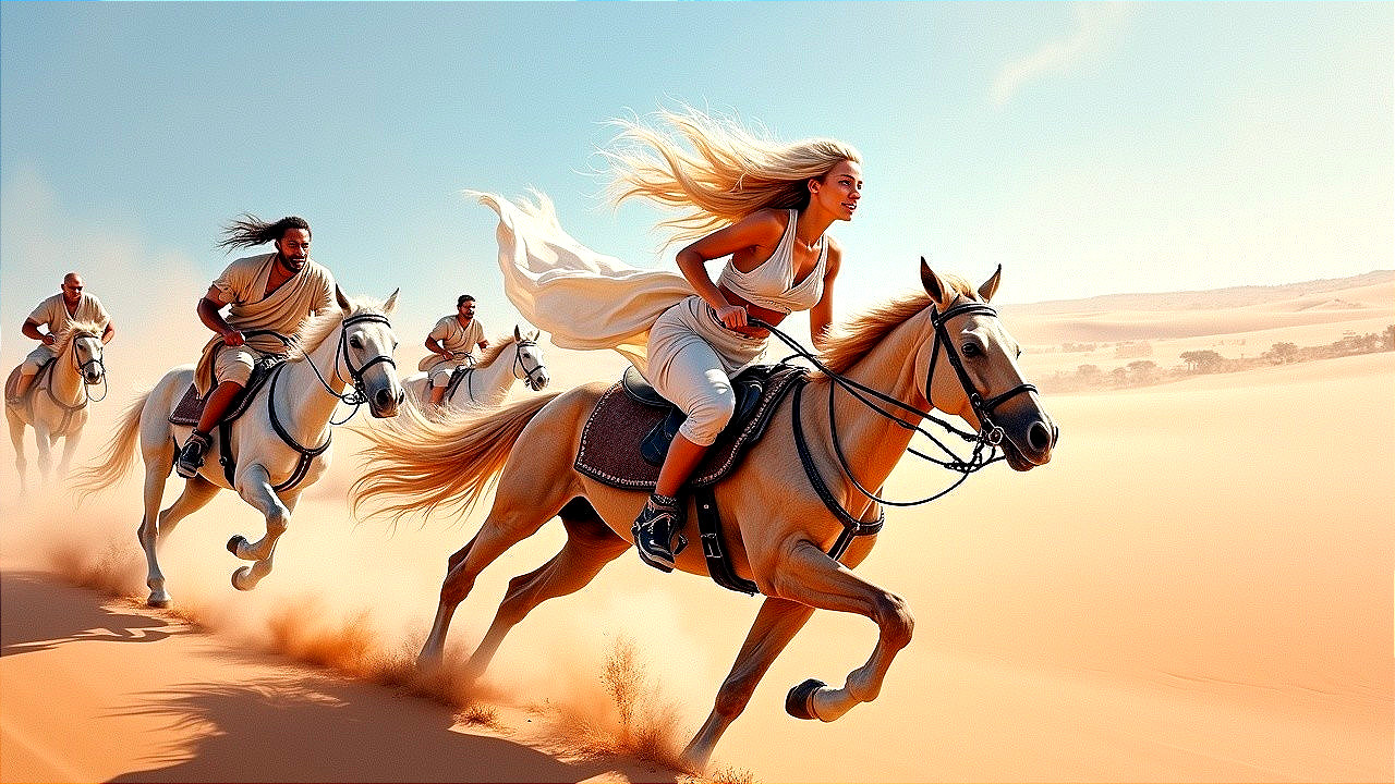 Riders Galloping Through a Vast Desert Landscape