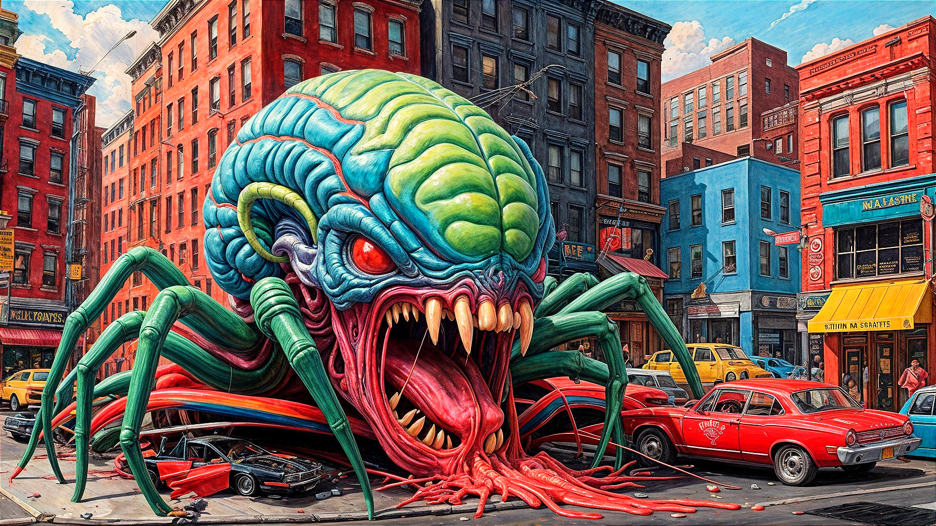 Surreal City Scene with Giant Spider-Like Creature