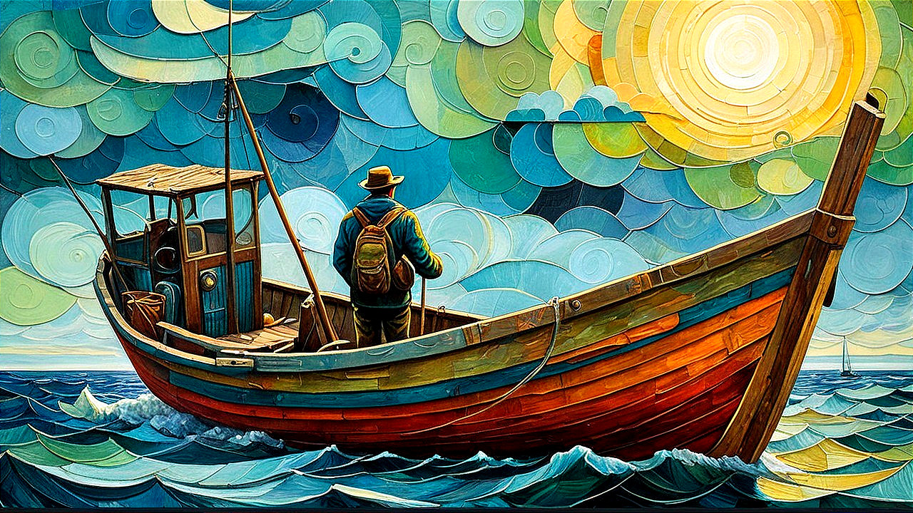 Colorful Fishing Boat on Dynamic Waves and Sky