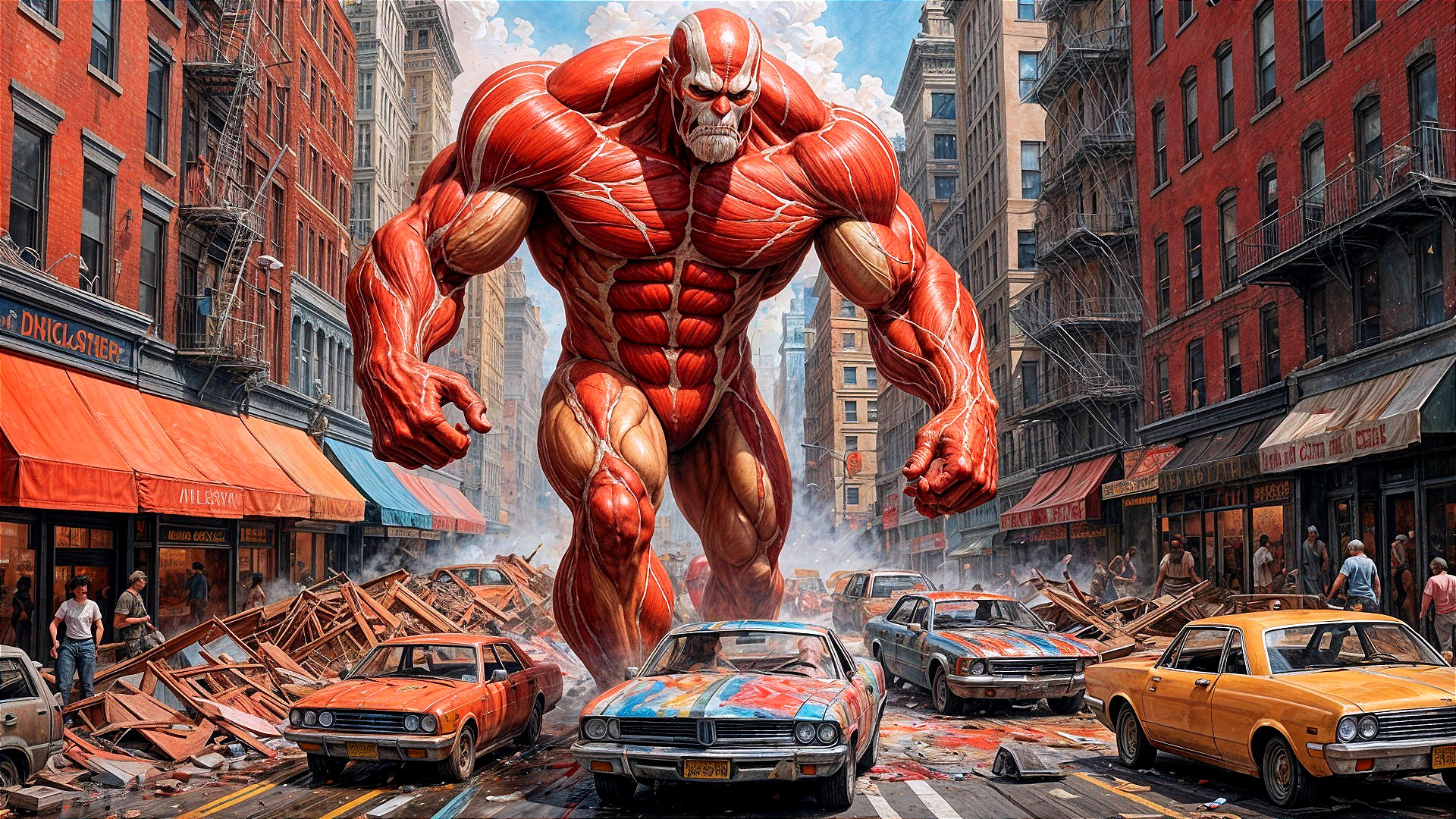 Giant Figure Causes Chaos in Urban Street Scene