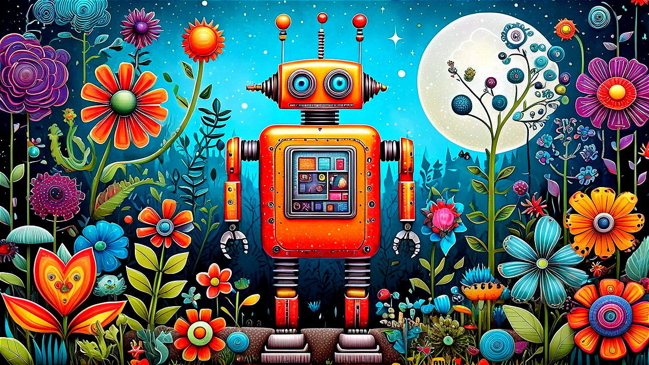 Vibrant Landscape with Cheerful Robot and Flowers
