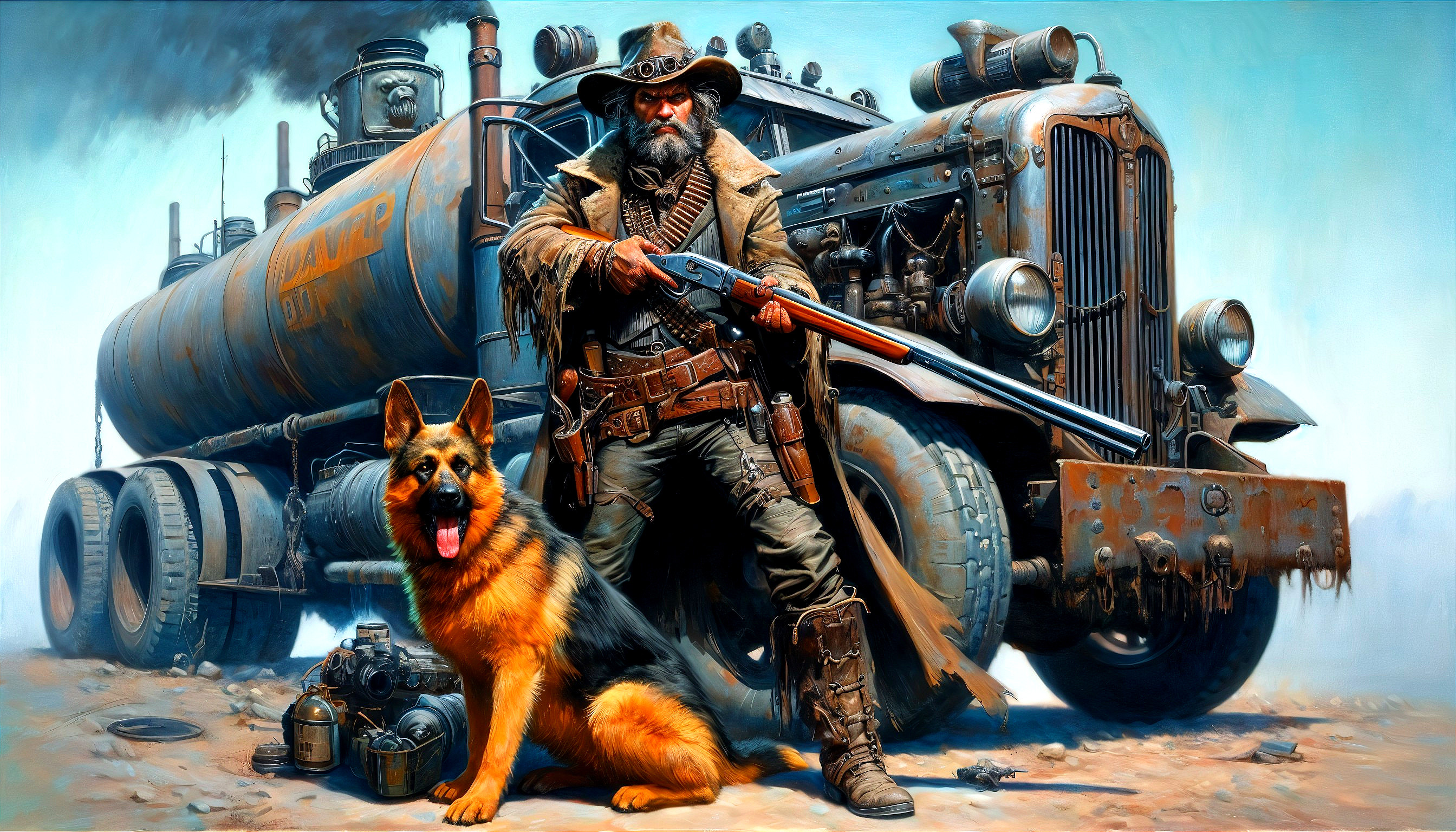 Survivalist with German Shepherd and rugged truck