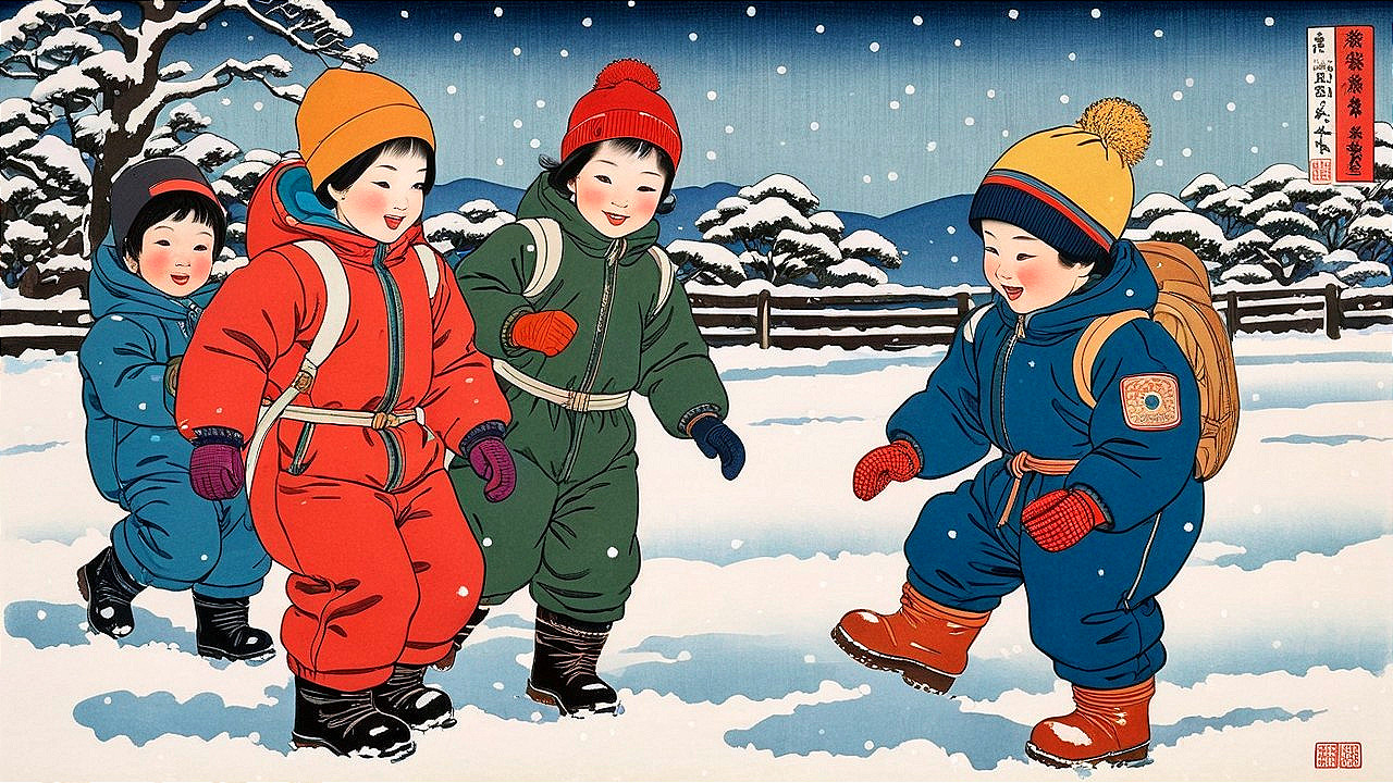 Children Playing in a Colorful Snowy Landscape