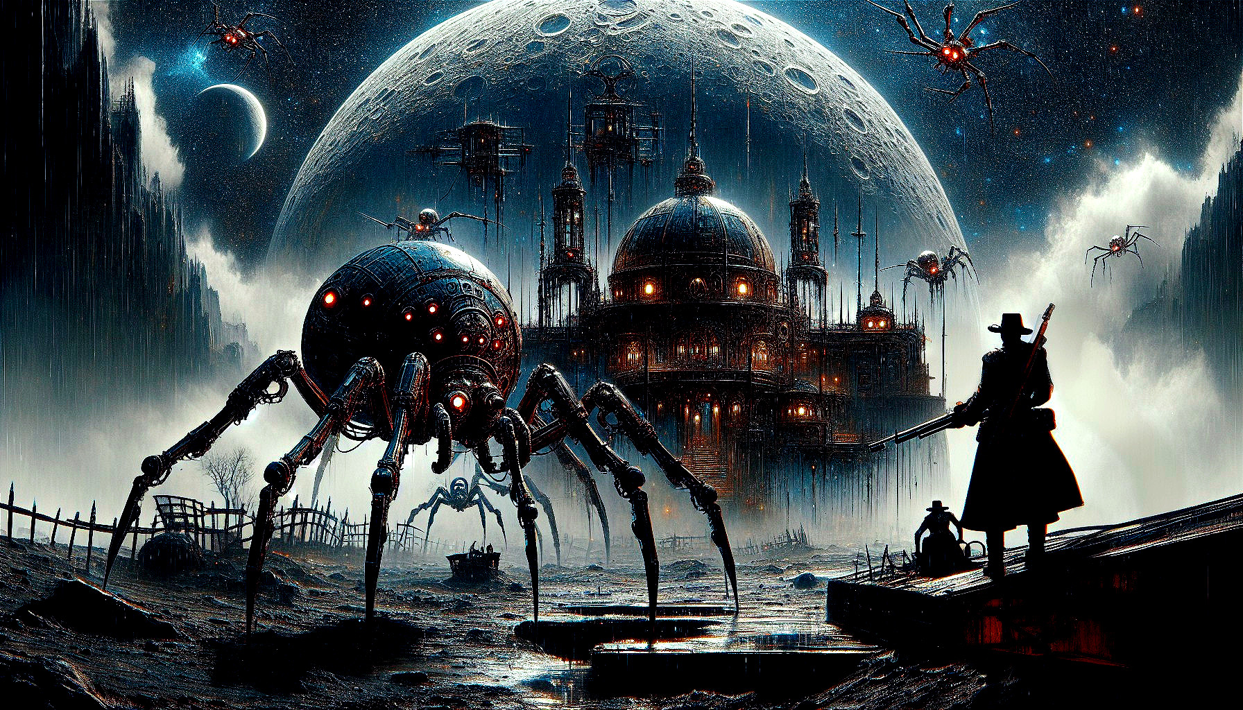 Futuristic Landscape with Mechanical Spider and Structure