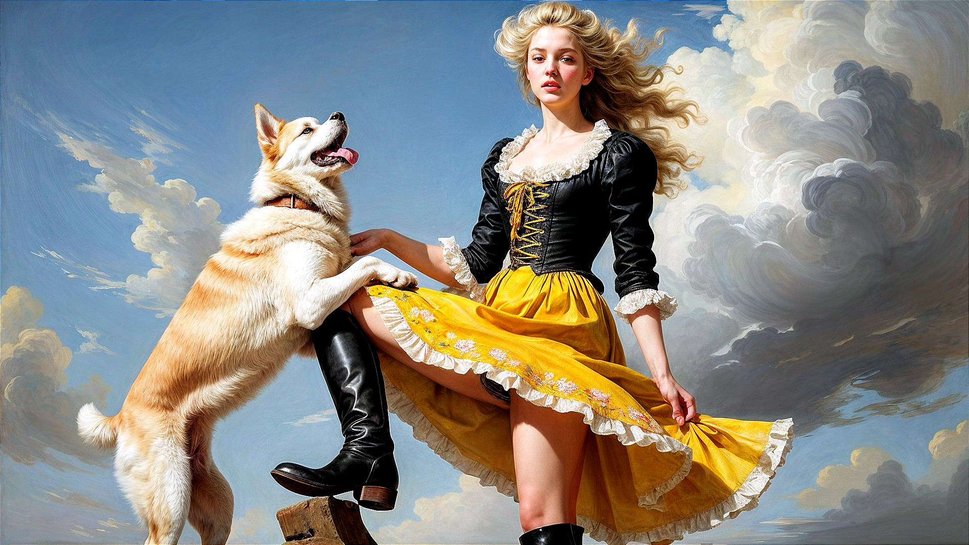 Young woman in yellow dress with dog and clouds