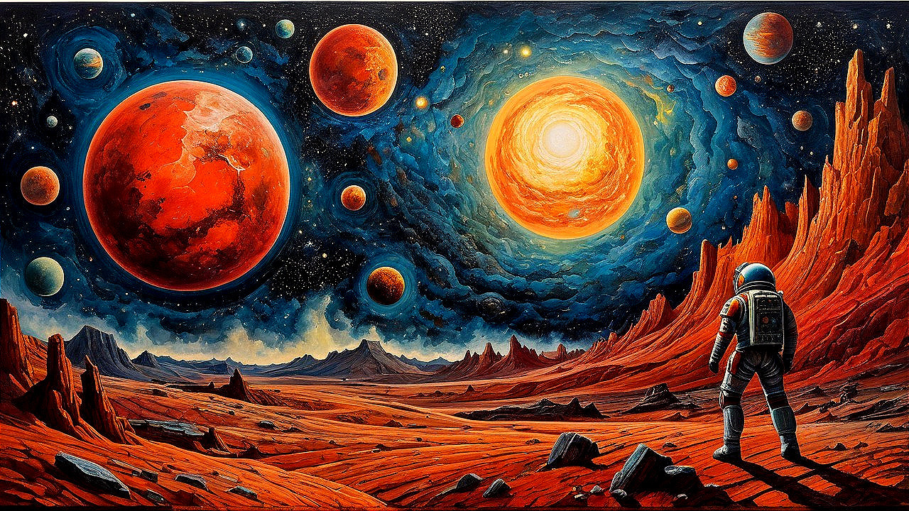Vibrant Cosmic Landscape with Astronaut on Red Planet