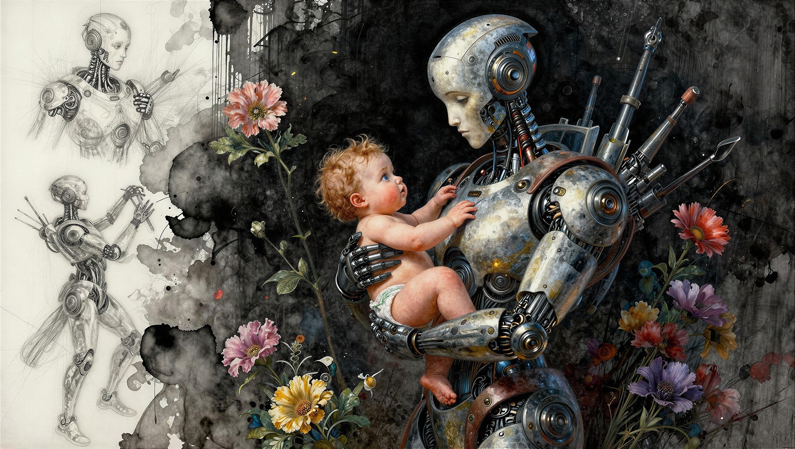 Digital Painting of Robot Cradling a Baby in Nature