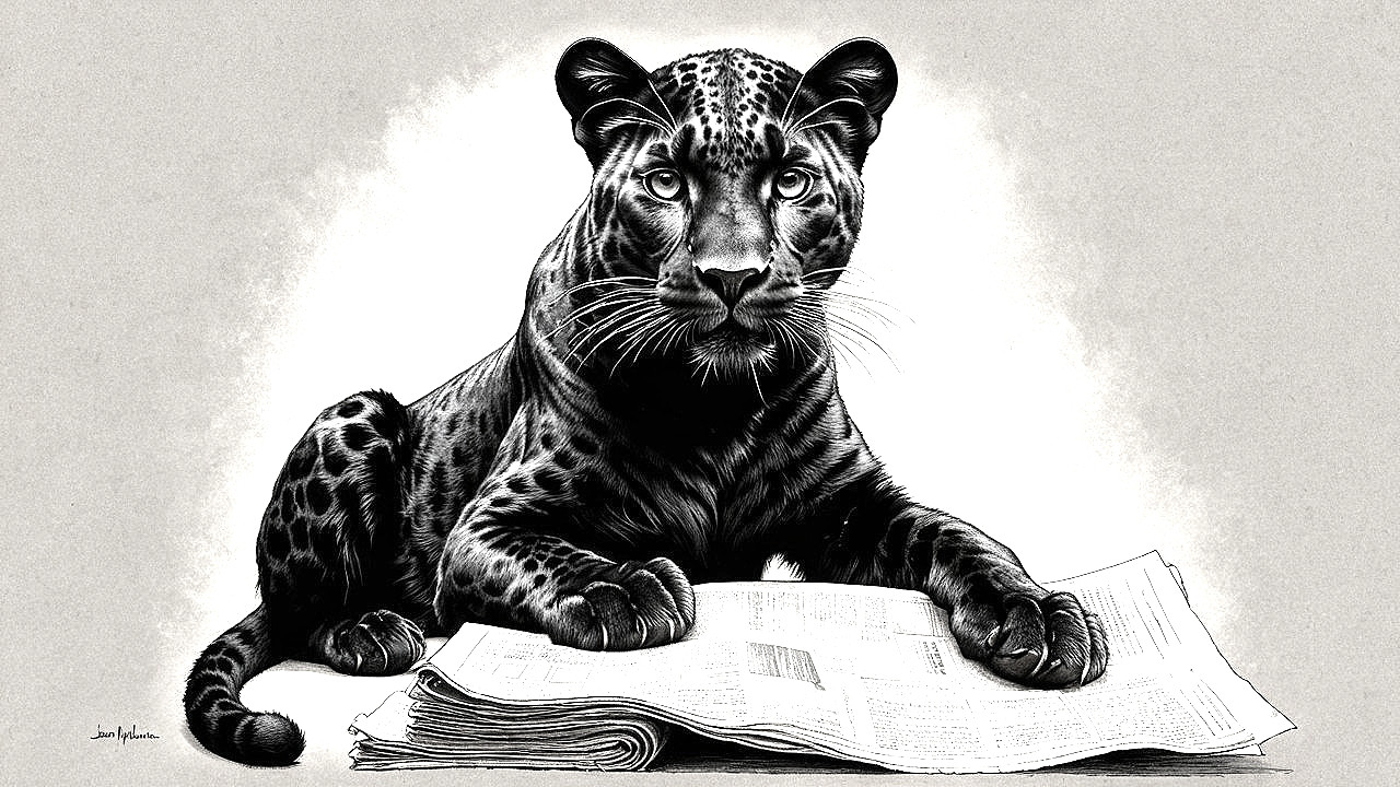 Black and white illustration of a leopard on newspaper