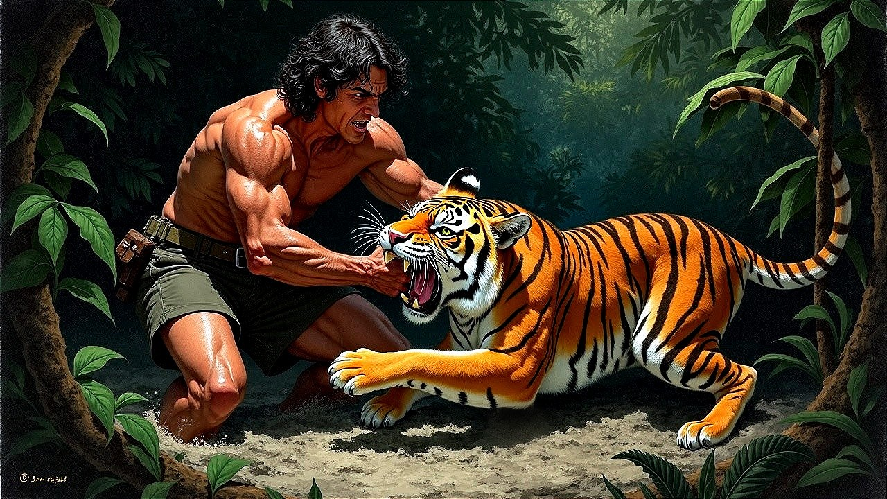 Muscular Man Confronts Tiger in Dense Jungle Setting