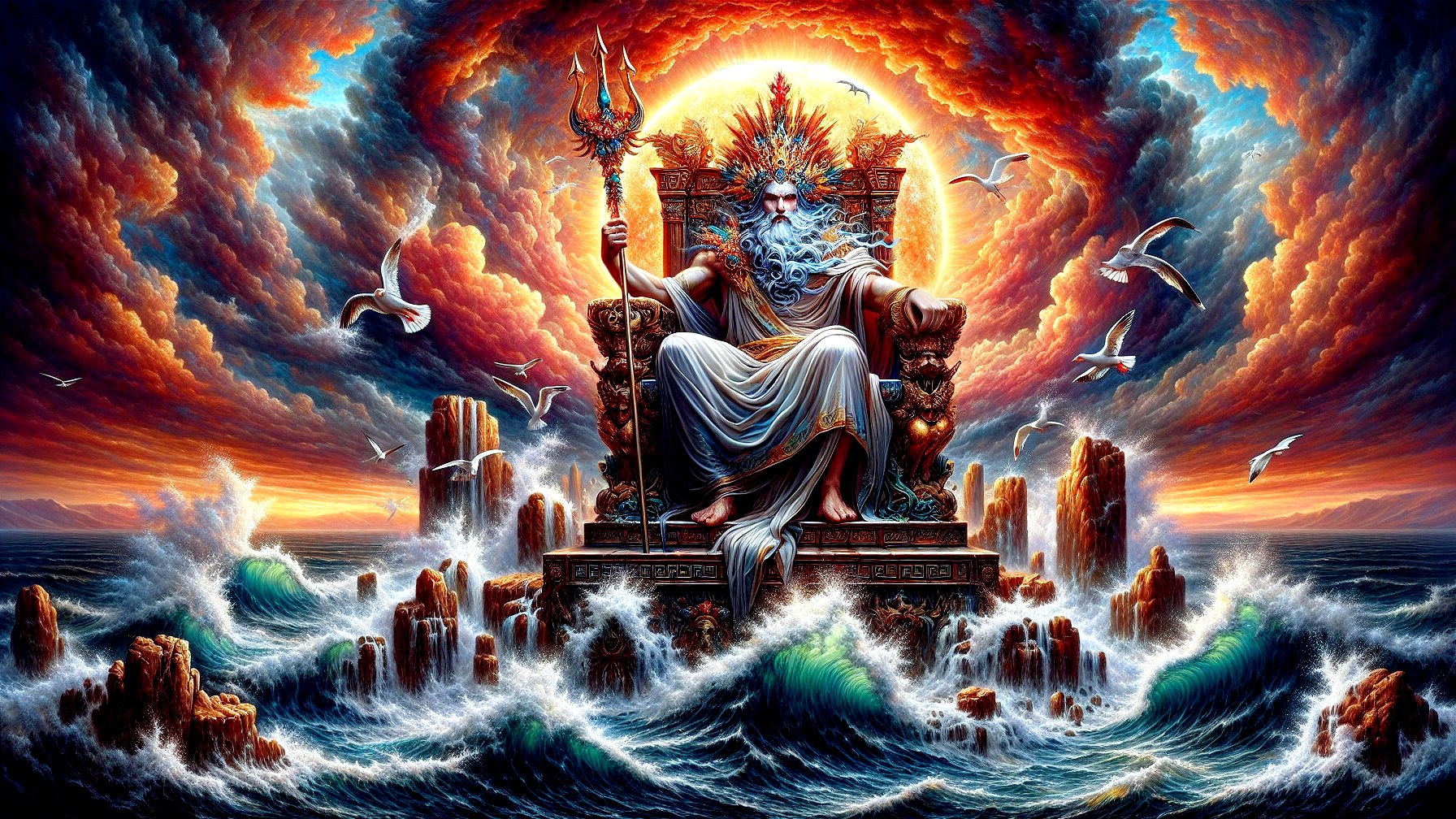 Majestic Figure on Throne Amidst Tumultuous Seas