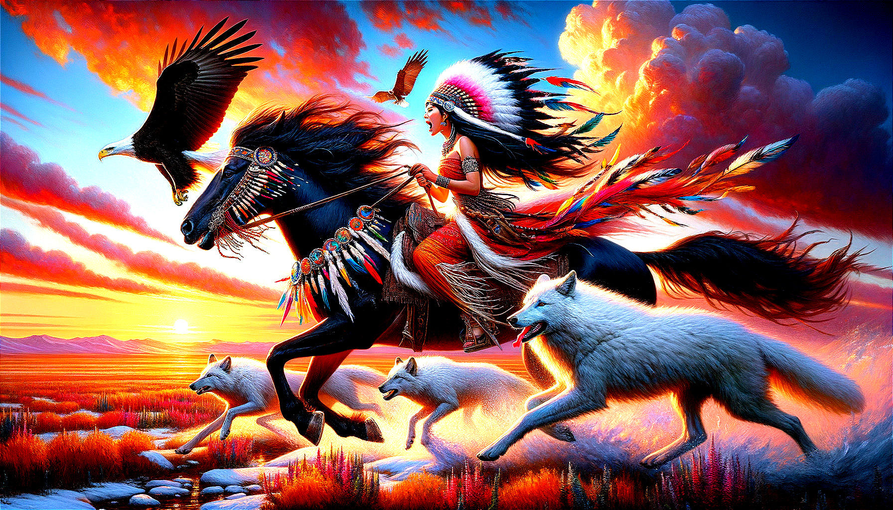 Native American Woman on Horse with Wolves at Sunset