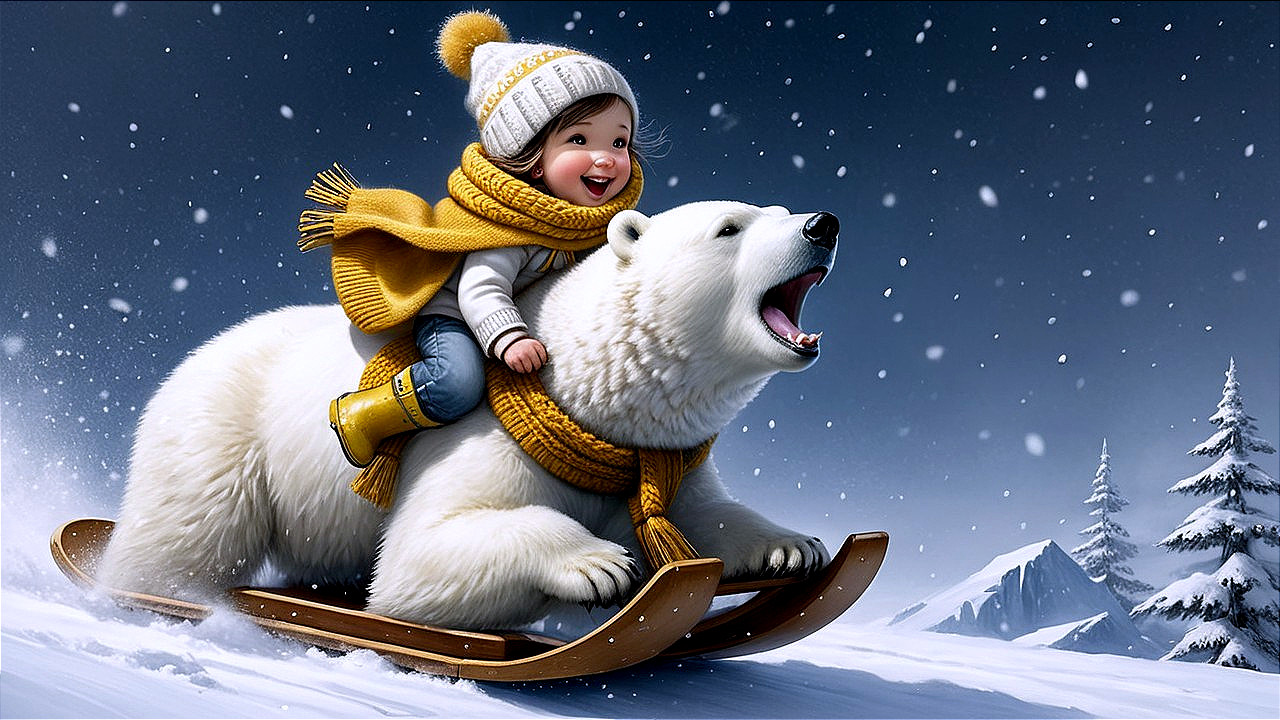 Child Riding a Polar Bear in a Snowy Landscape