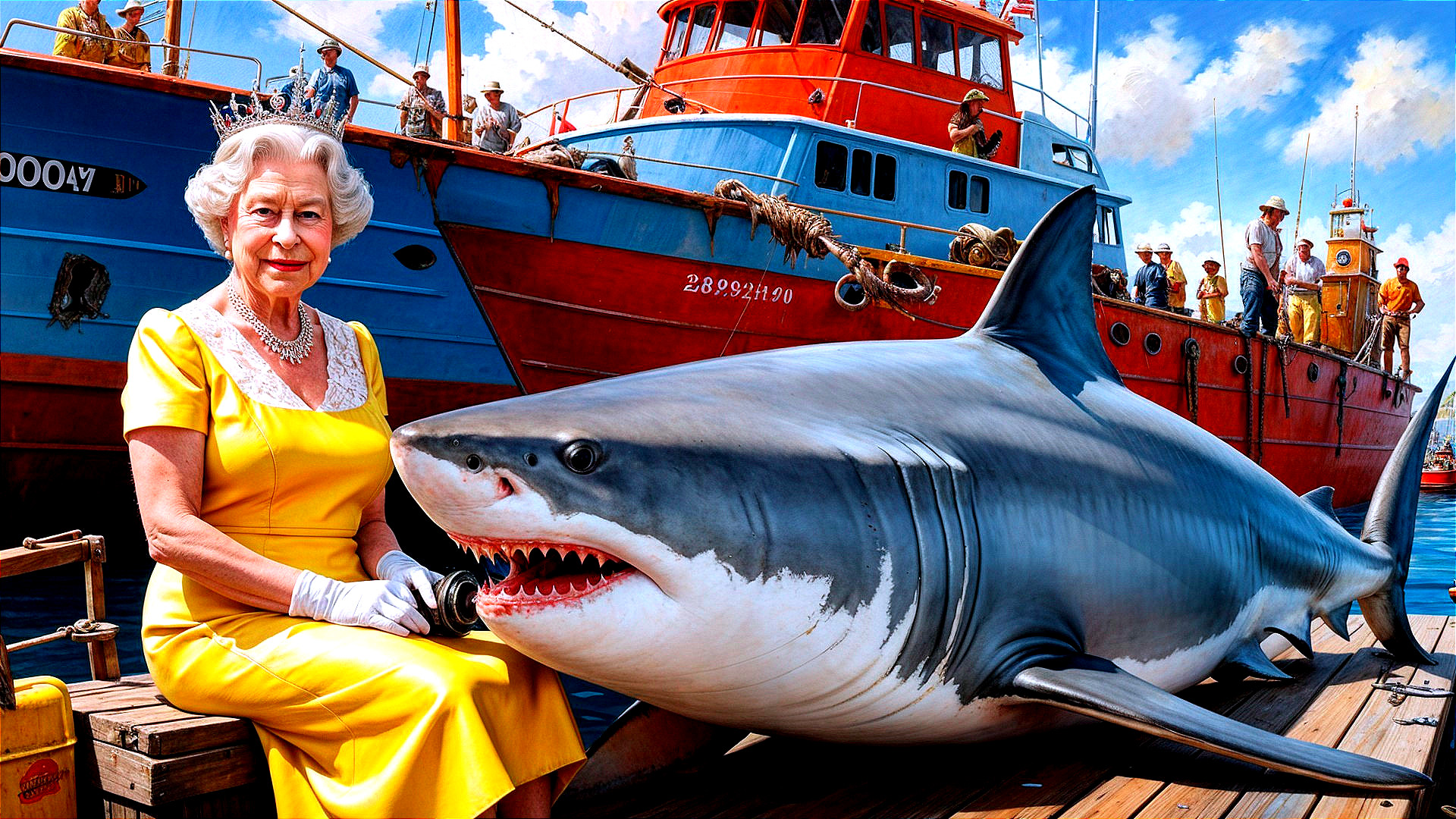 Woman in Yellow Dress Beside Shark on Colorful Dock