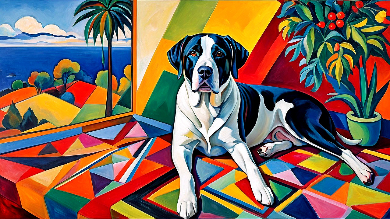 Colorful painting of a dog on a geometric rug
