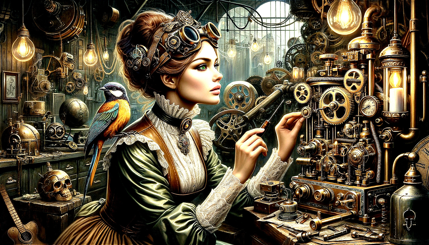 Victorian woman with steampunk goggles and bird in intricate machine setting