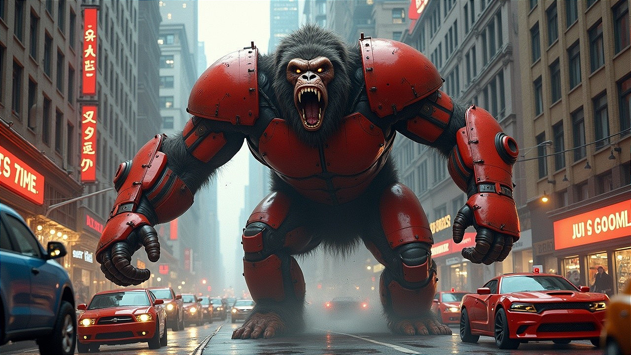 Giant Robot Gorilla in Foggy Urban Landscape
