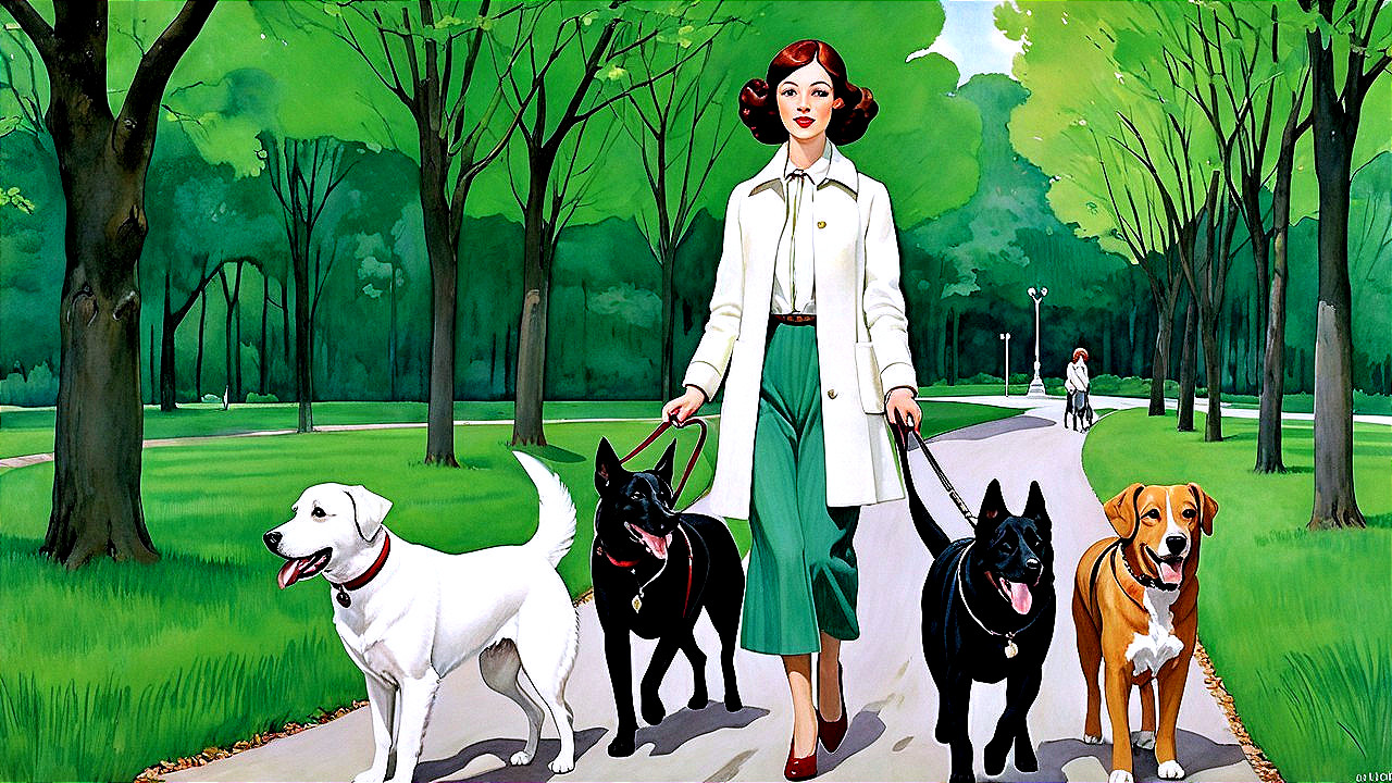 Stylish Woman Walking Four Dogs in Vibrant Park